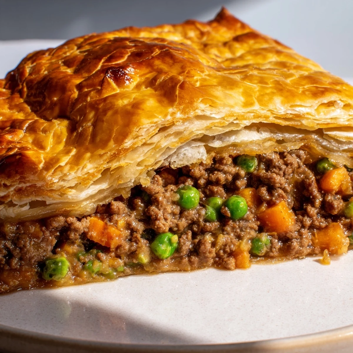 A close-up of golden, flaky Savory Beef Meat Pies fresh from the oven, perfectly browned and steaming on a cooling rack.