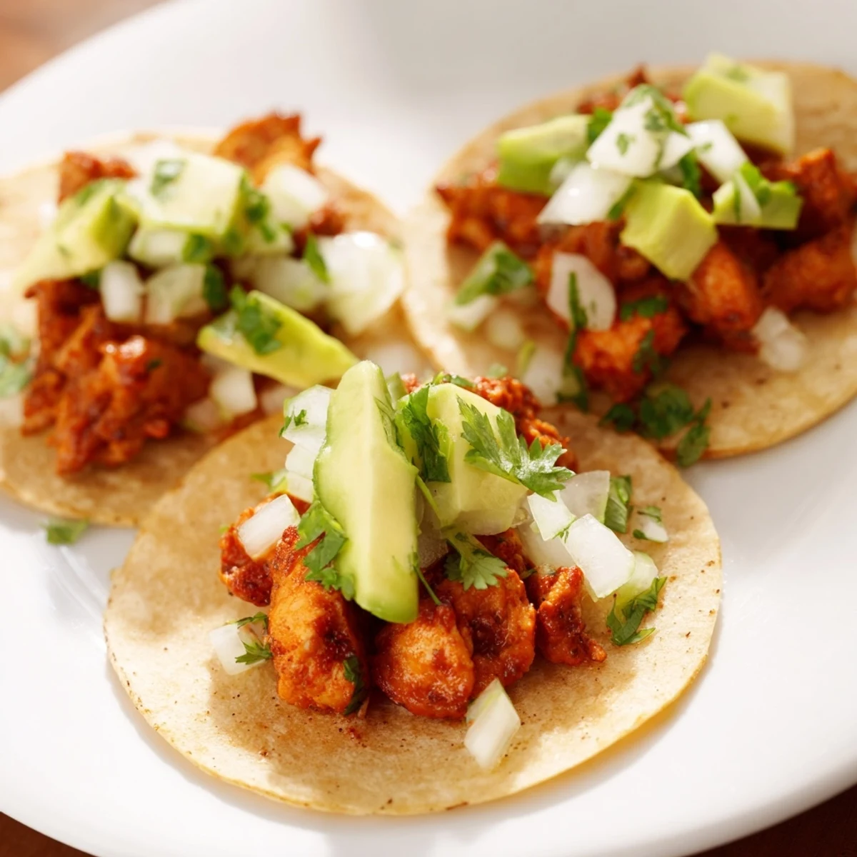 Juicy chicken street tacos topped with fresh cilantro and diced onion on warm corn tortillas.