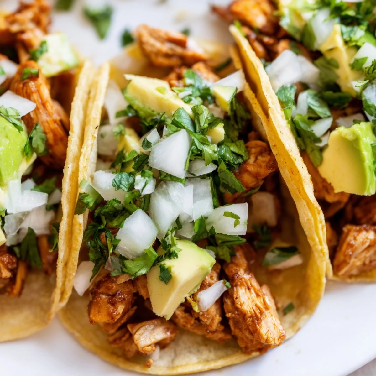 A close-up of grilled chicken street tacos with creamy avocado slices and lime wedges.