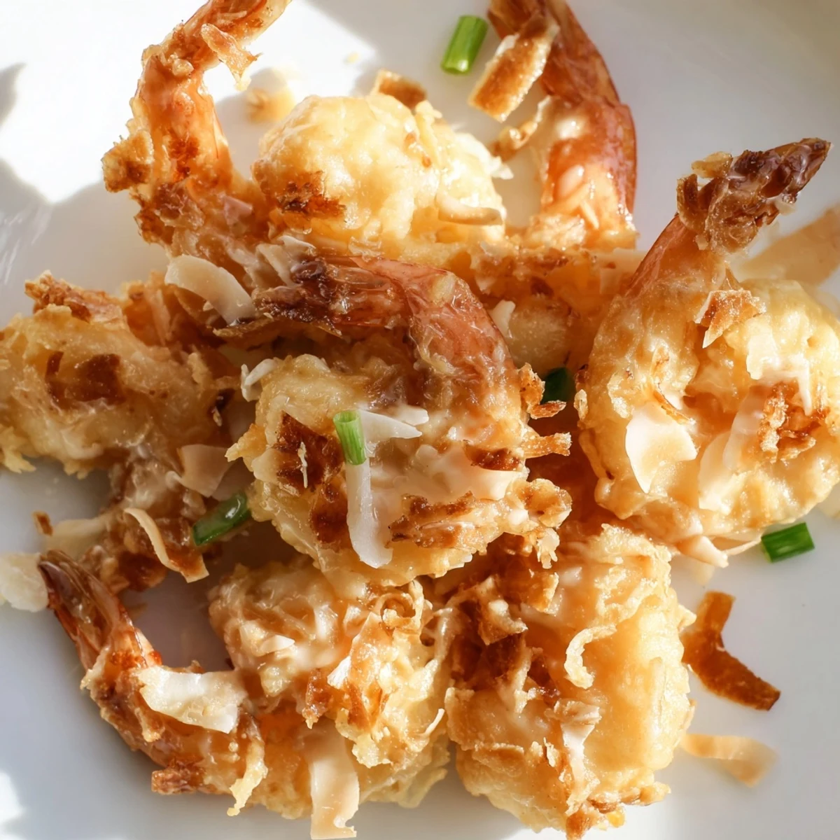 Golden Chinese Coconut Shrimp tossed in sweet savory sauce beside fluffy jasmine rice and fresh lemon wedges.  