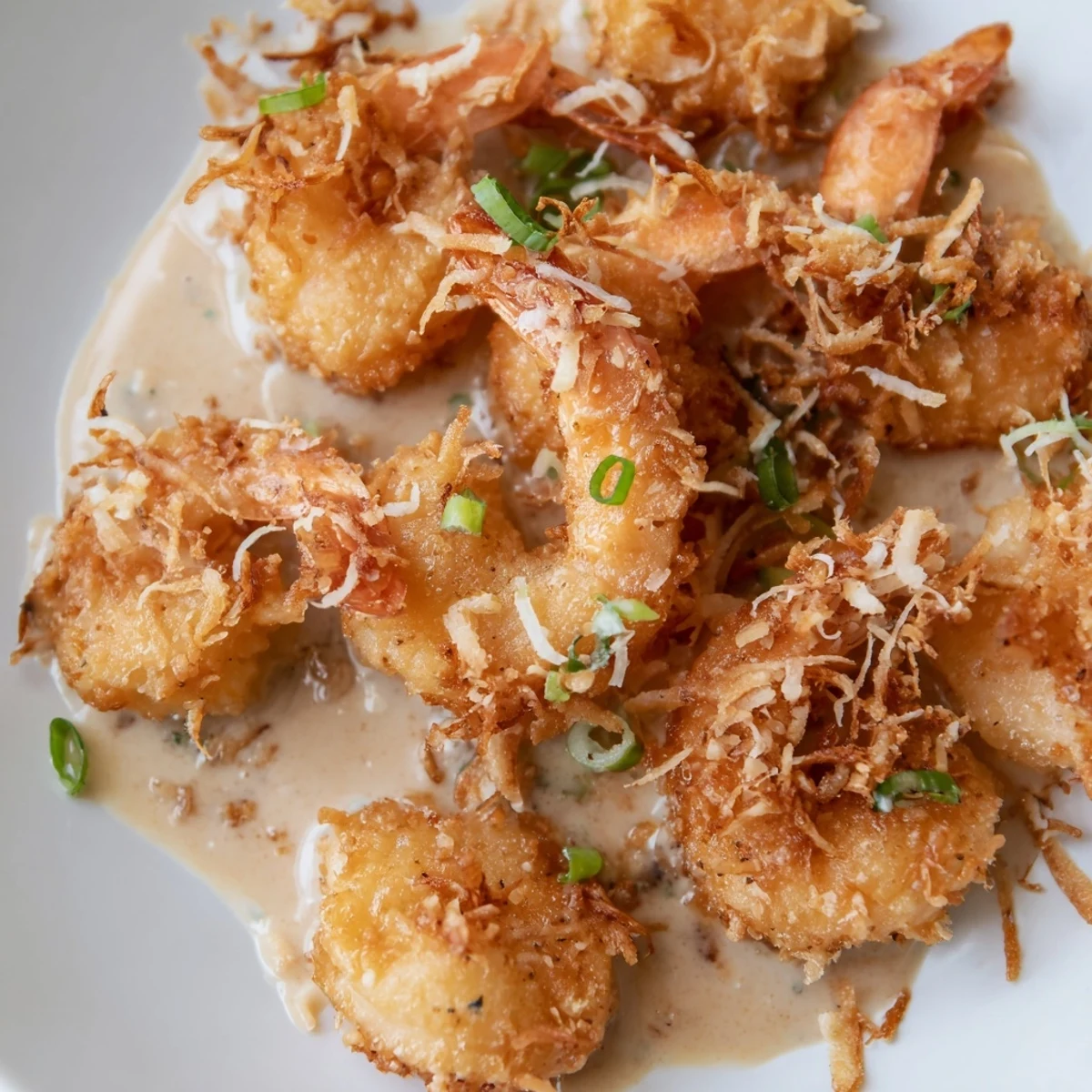 Appetizer plate of Chinese Coconut Shrimp topped with green onions, ready to serve at a dinner party.
