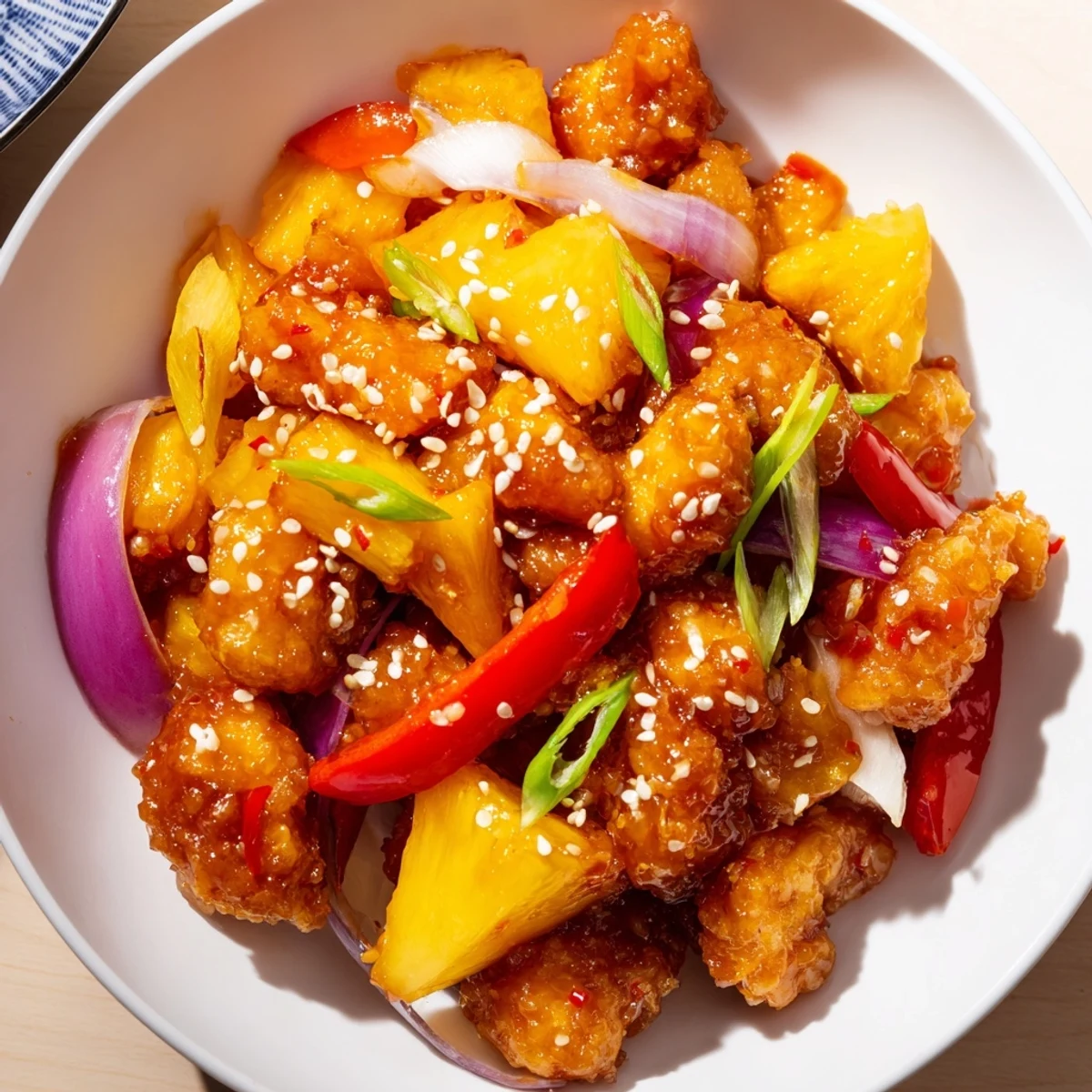 Tender chicken chunks and crisp bell peppers mingle in a vibrant sweet chili stir fry.