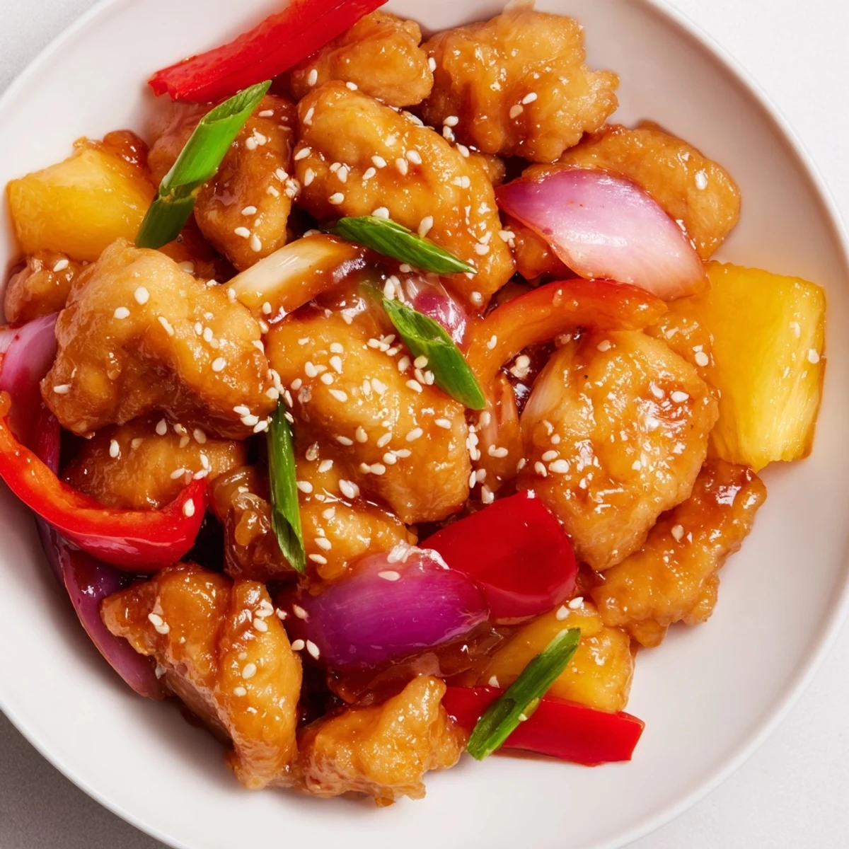 Sizzling pineapple chicken stir fry topped with toasted sesame seeds and fresh green onions.
