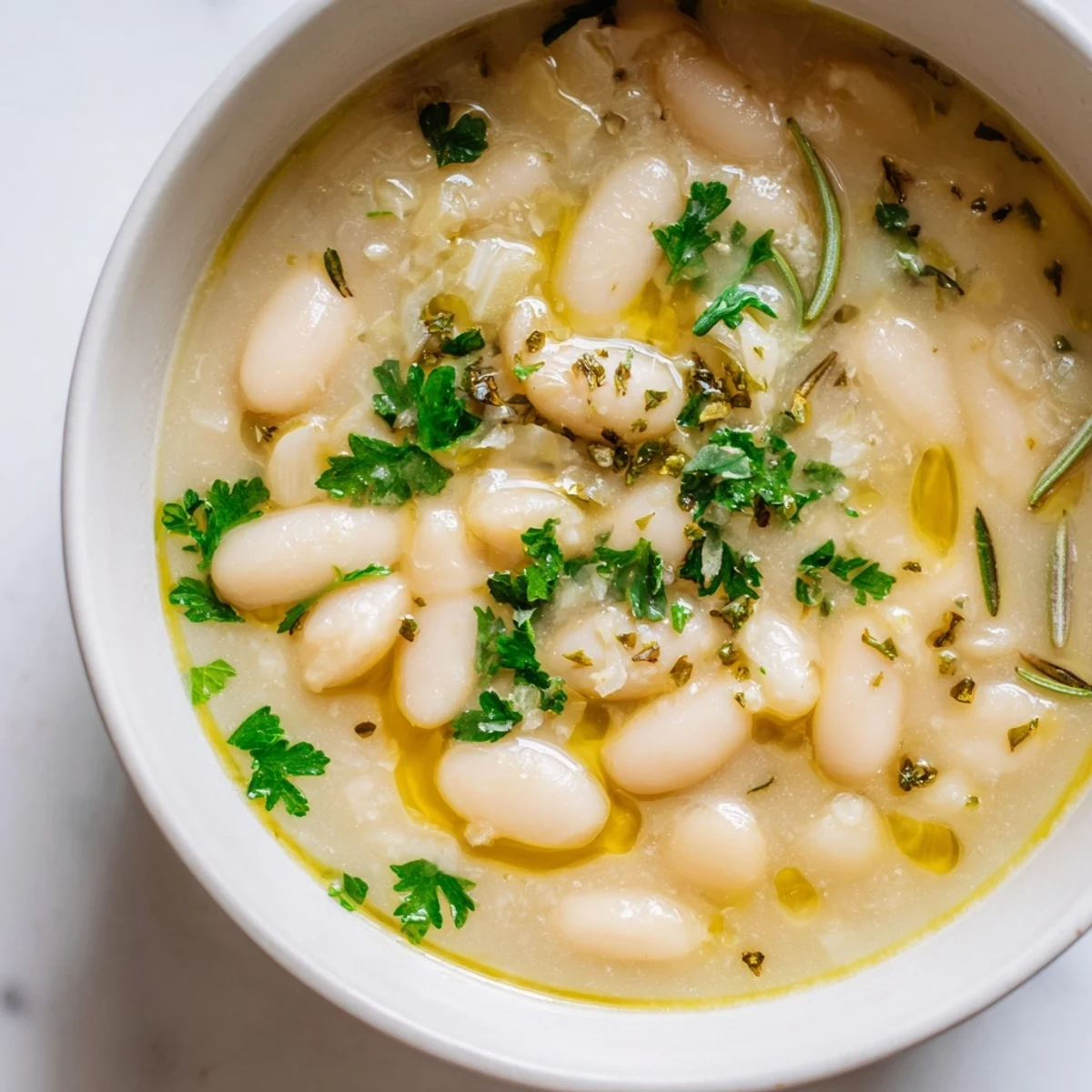 Vibrant bowl of Rosemary and Roasted Garlic White Bean Soup garnished with fresh parsley and olive oil drizzle.  