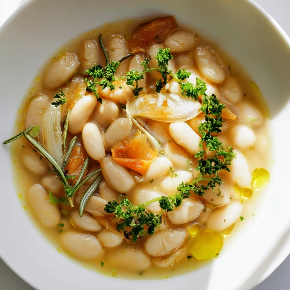 Close-up of Rosemary and Roasted Garlic White Bean Soup, highlighting creamy texture and tender white beans.