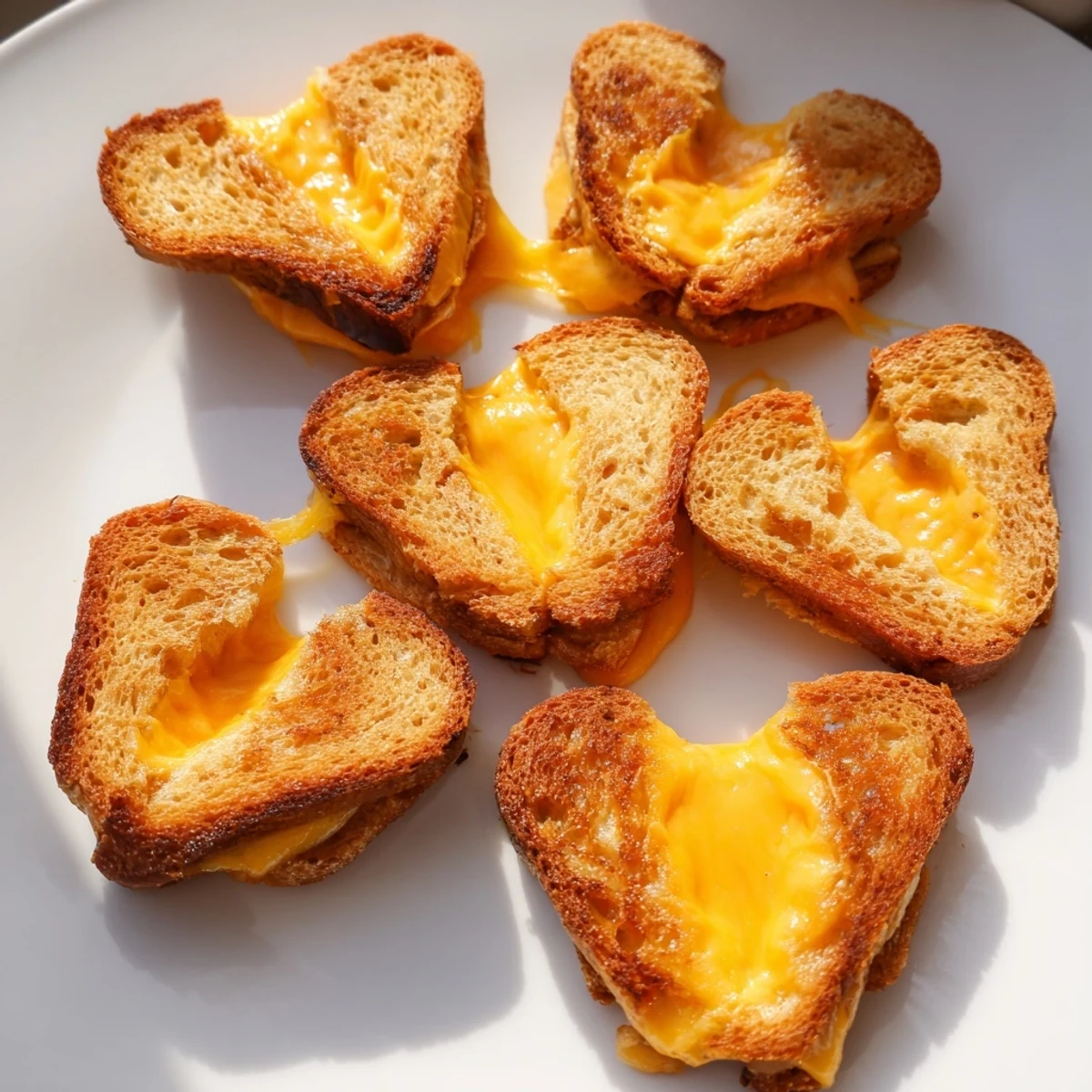 Adorable Mini Grilled Cheese Hearts are stacked high, featuring melted cheddar and a perfectly crispy, buttery exterior.