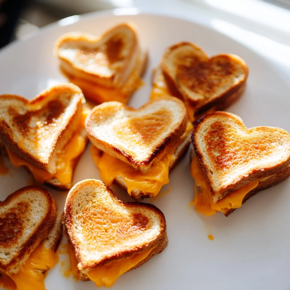 Freshly made Mini Grilled Cheese Hearts on a wooden board, ready to be served as a warm party snack.