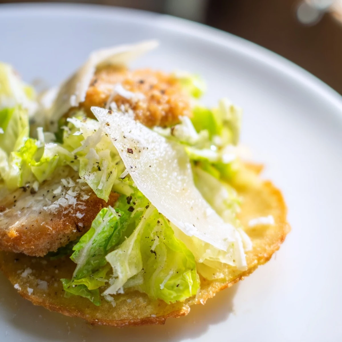 Golden-brown baked potato chips topped with crunchy breaded chicken strips, shredded romaine, parmesan shavings, and Caesar dressing for a bite-sized Crispy Chicken Caesar Salad Chips snack.