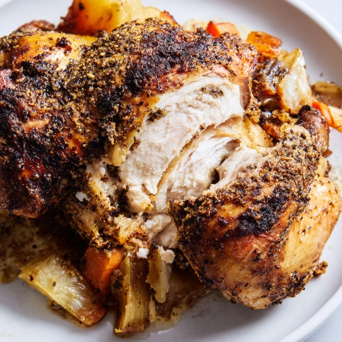 A close-up shows the crispy skin of roasted zaatar chicken, rubbed with zaatar spice and fresh lemon zest for aromatic flavor.