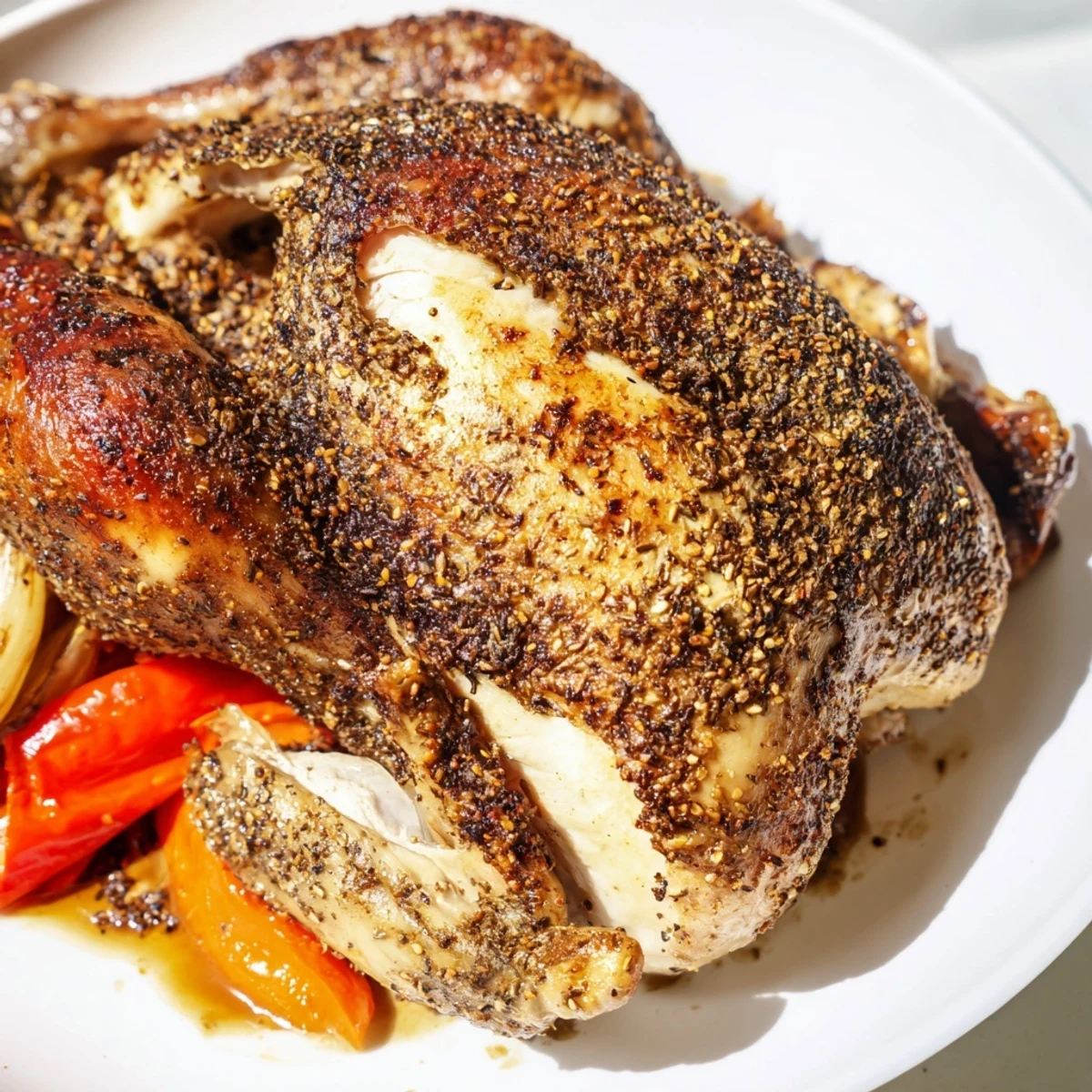 Juicy roasted zaatar chicken is served with roasted vegetables and pan juices, perfect for a gluten-free Middle Eastern dinner.