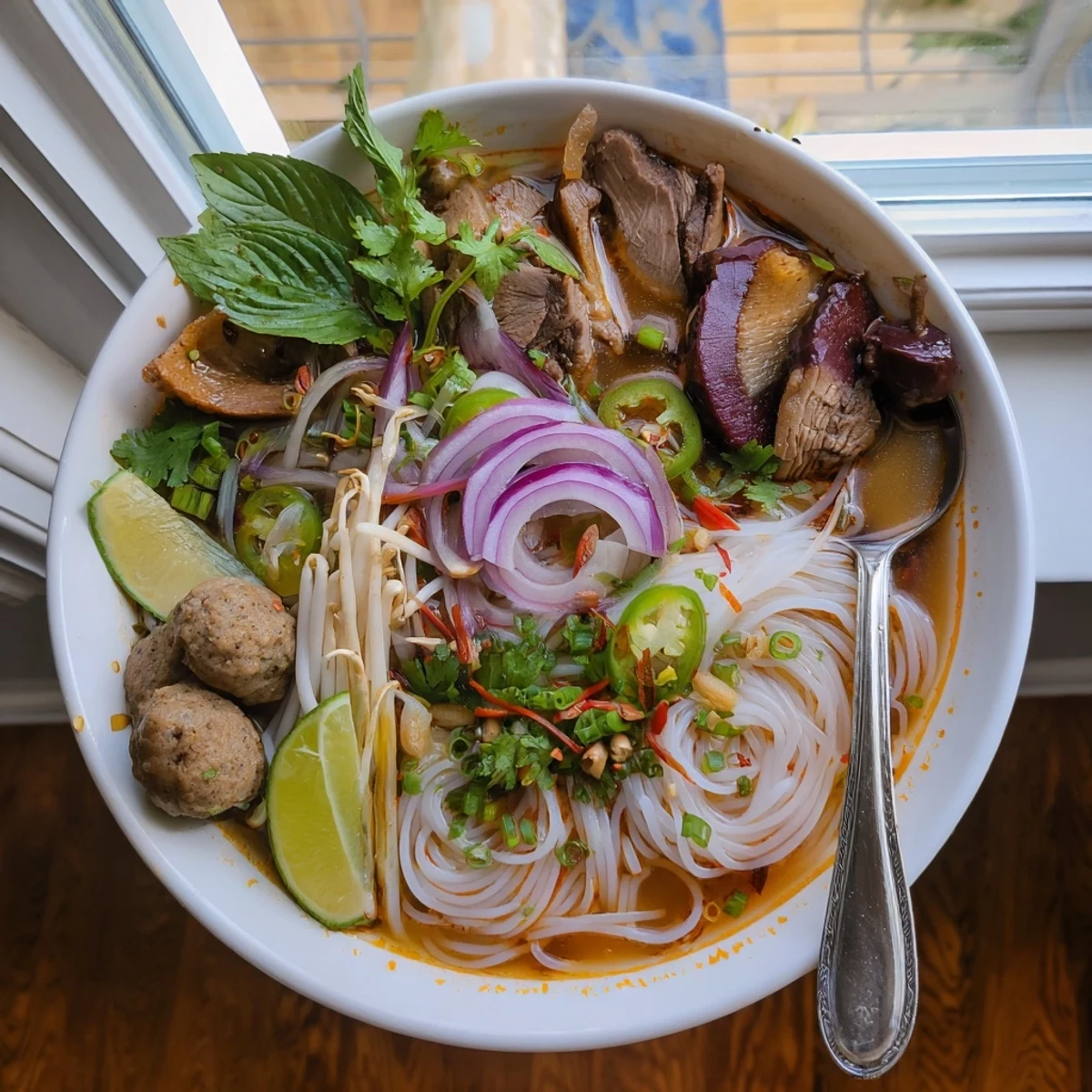 A steaming bowl of Bun Bo Hue with thick rice noodles, tender beef, and fresh herbs, drizzled with aromatic chili oil.