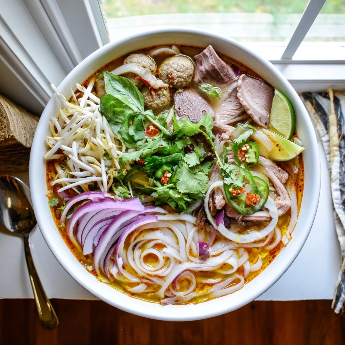 Colorful Bun Bo Hue served with lime wedges, bean sprouts, and herbs, highlighting the spicy, lemongrass-infused broth.