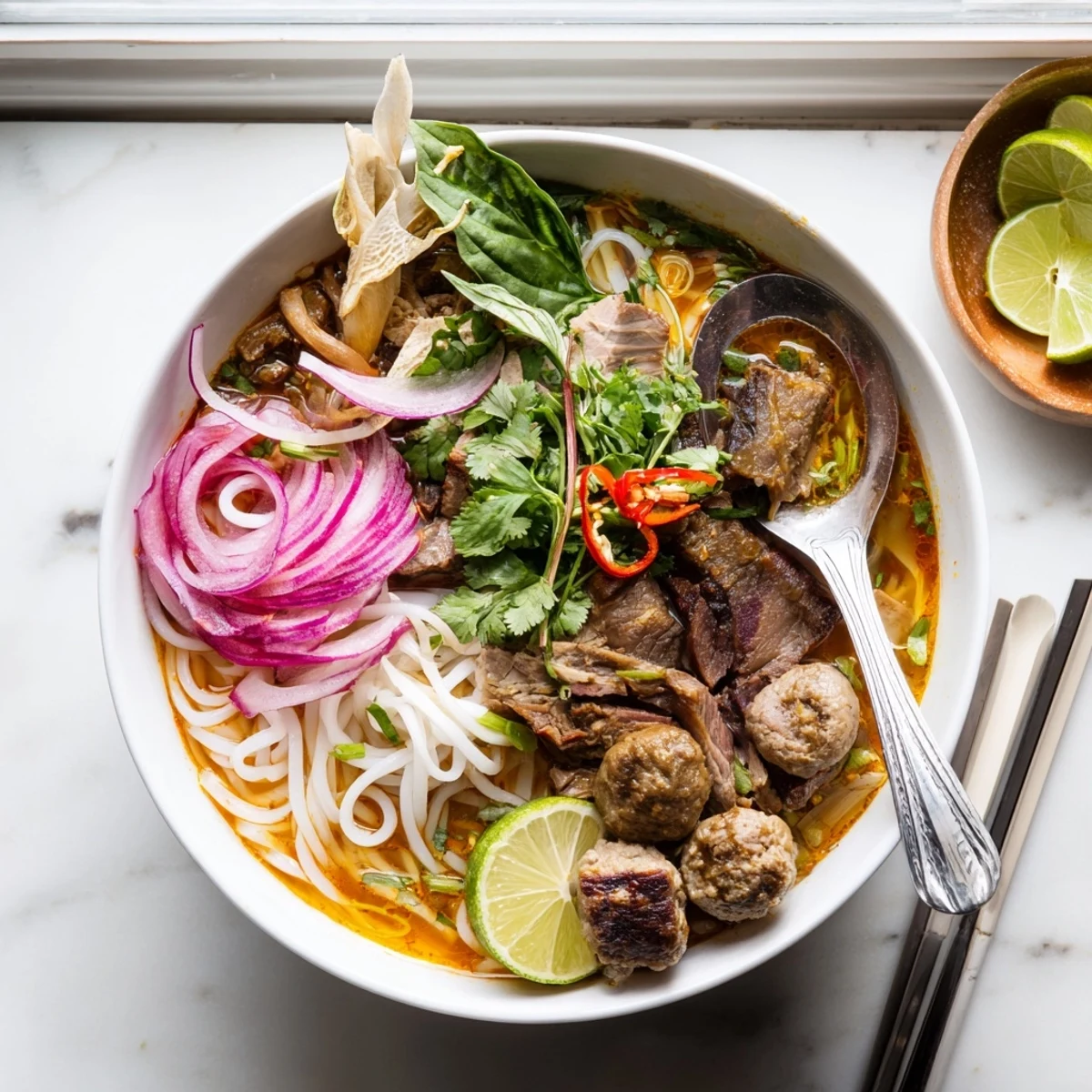 A close-up of Bun Bo Hue showcasing beef slices, pork sausage, and vibrant garnishes on a bed of noodles.