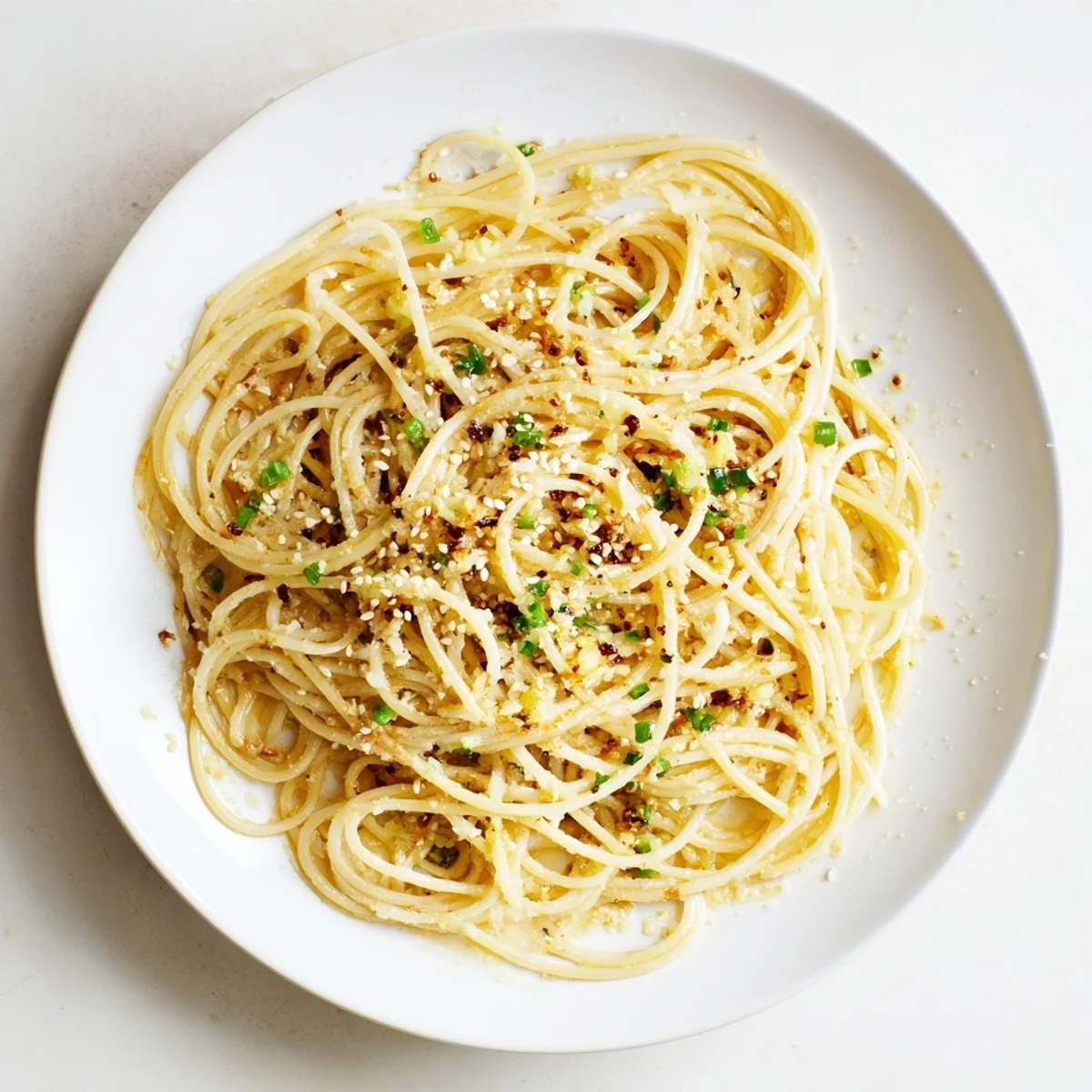 A close-up of glossy Garlic Noodles garnished with sesame seeds and Parmesan, plated beside a crisp white wine and chopsticks.