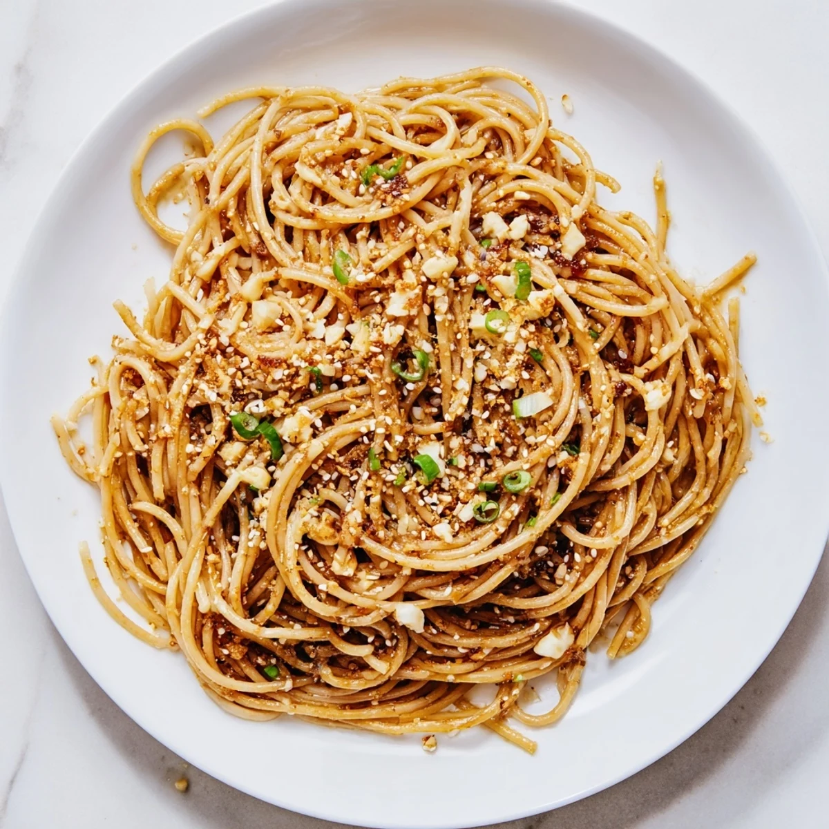 Steaming Garlic Noodles tossed in a rich buttery garlic sauce in a large skillet, topped with green scallions for a quick main course.