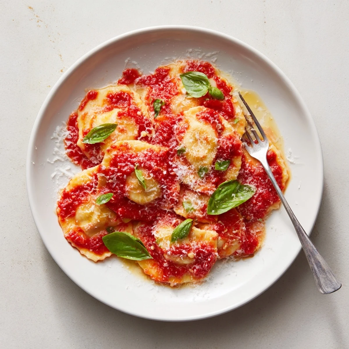 Plate of 20-Minute Ravioli with Simple Sauce topped with Parmesan and basil.