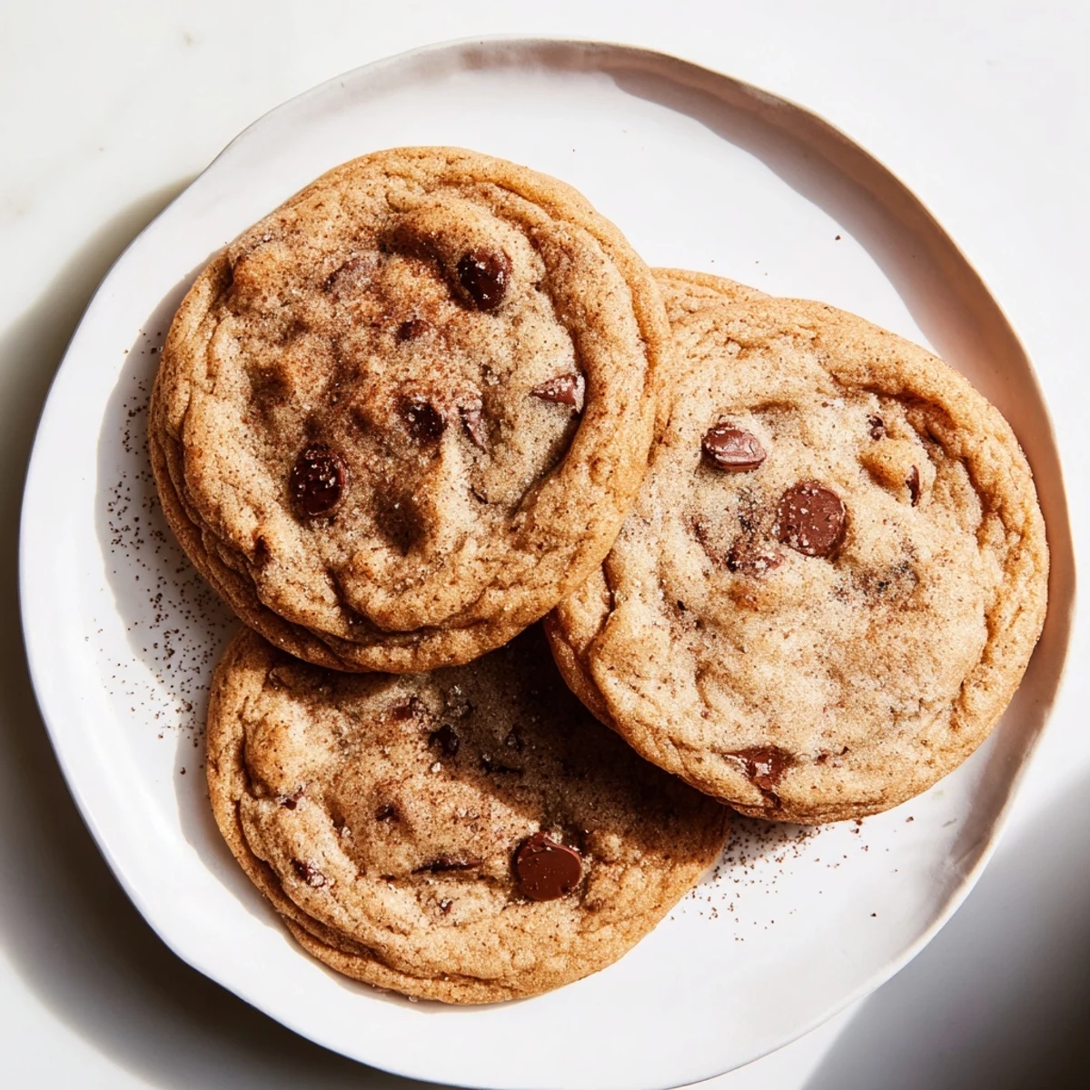 Soft, chewy Chai Spiced Chocolate Chip Cookies with melty chocolate chips on a rustic wooden board.