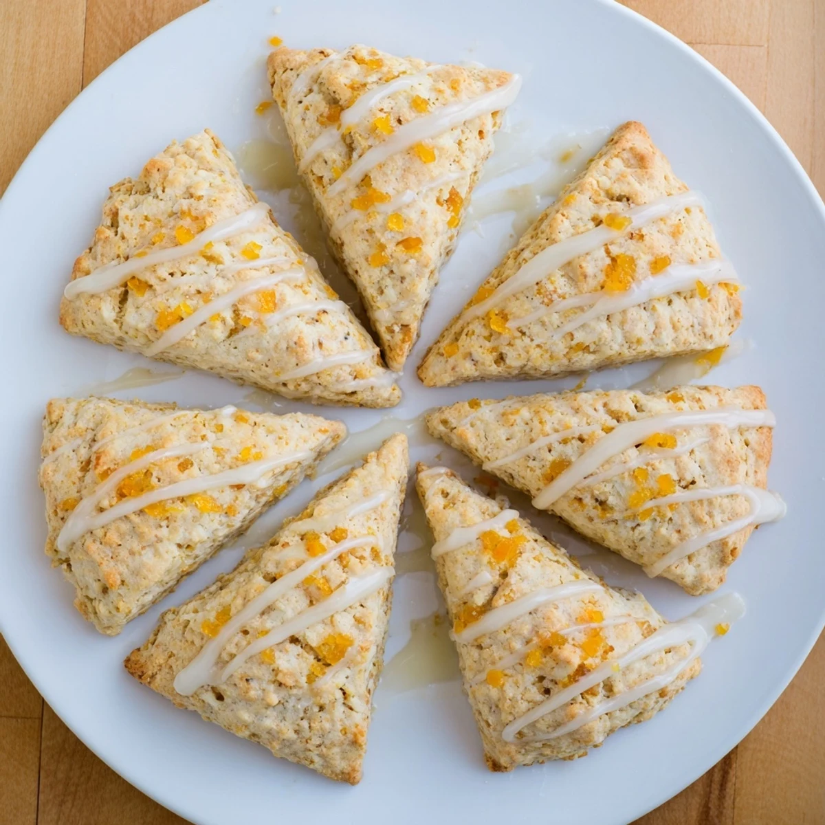 Freshly baked Candied Ginger Orange Scones cooling on a wire rack with a bright citrus glaze.