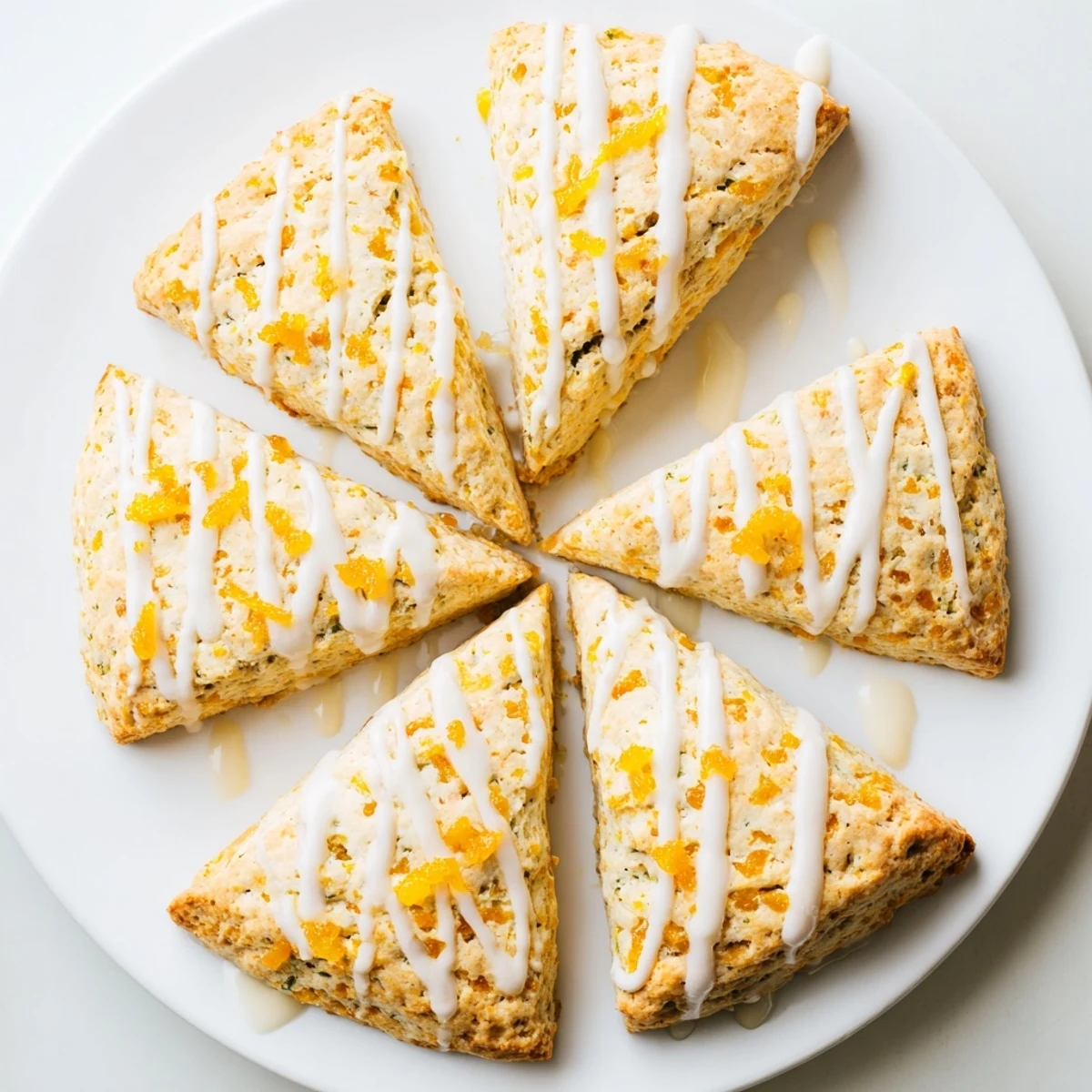 Warm Candied Ginger Orange Scones served on a linen napkin beside a steaming cup of tea.