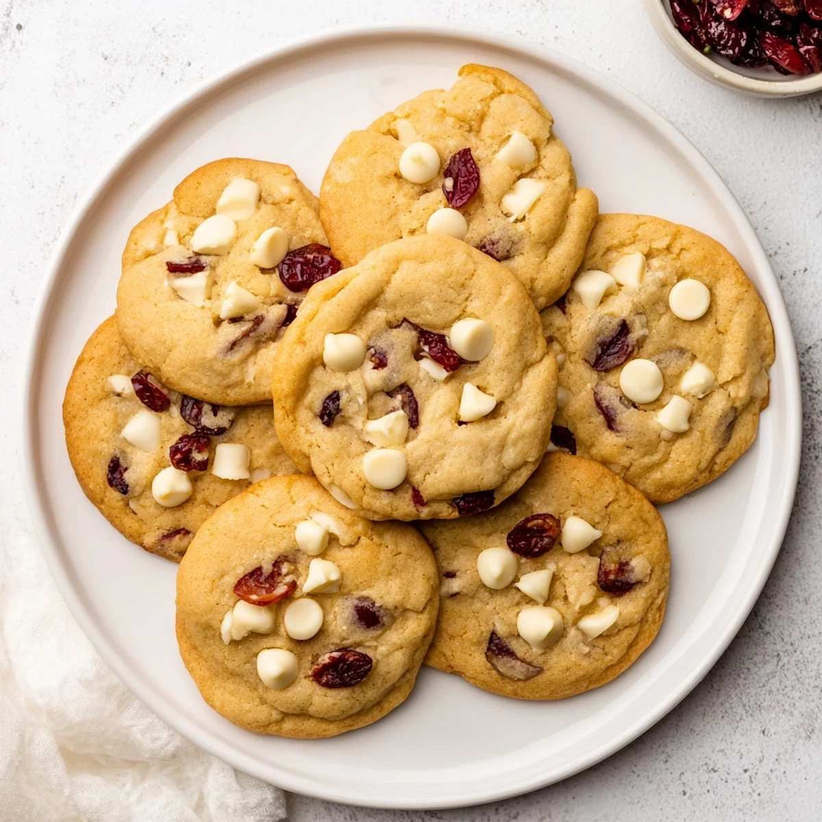 Freshly baked White Chocolate Cranberry Cookies on a cooling rack, showing golden edges and chewy centers studded with creamy white chips and tart red cranberries.