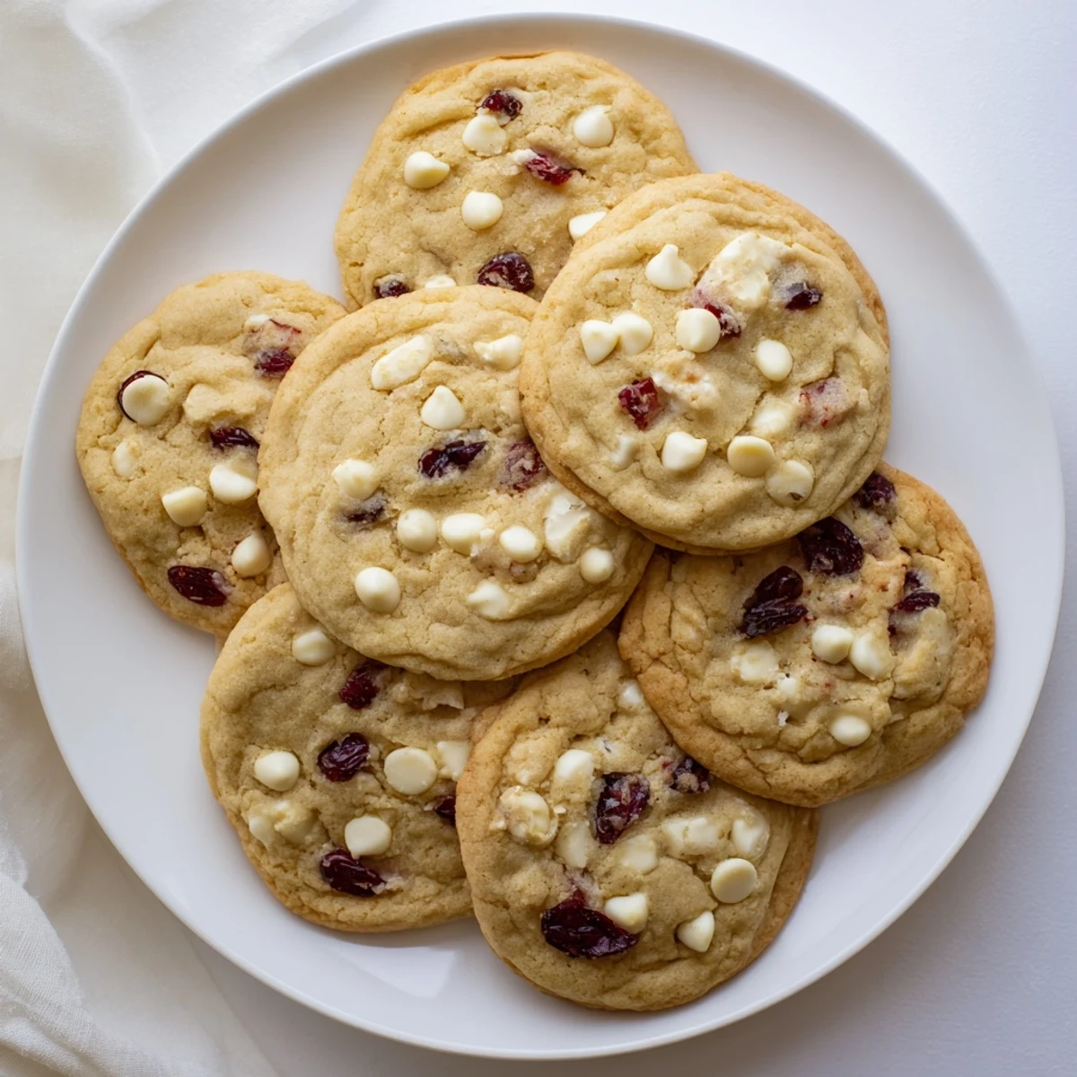 A close-up view of White Chocolate Cranberry Cookies with soft interiors, white chocolate melting slightly, and vibrant dried cranberries peeking out from the dough.