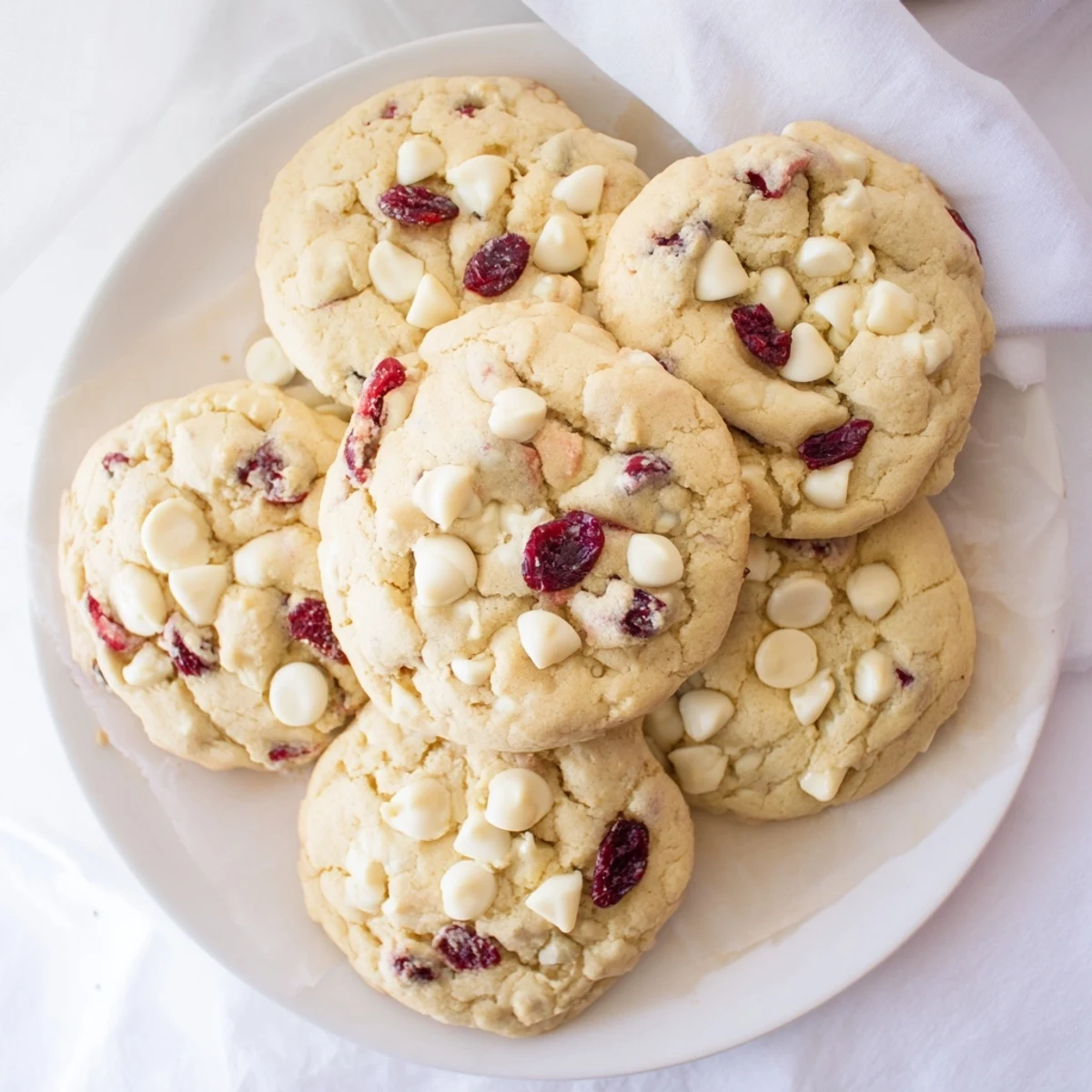 Golden-brown White Chocolate Cranberry Cookies arranged on a rustic wooden board, ready to serve as a festive holiday dessert or cozy snack.