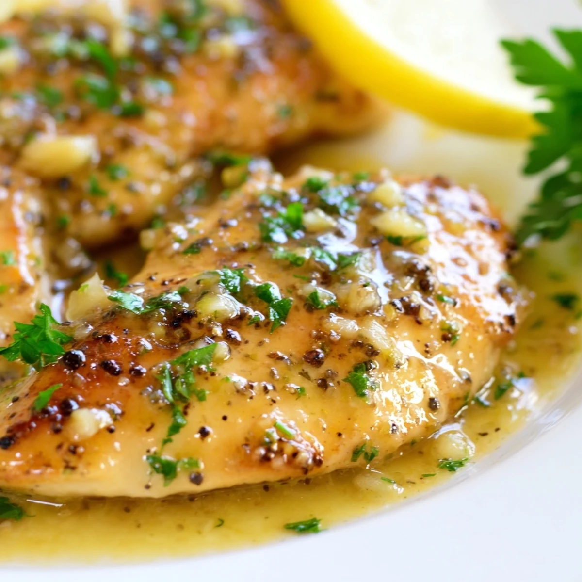 Golden seared Garlic Butter Chicken breasts glistening in a rich garlic butter sauce with fresh parsley garnish.