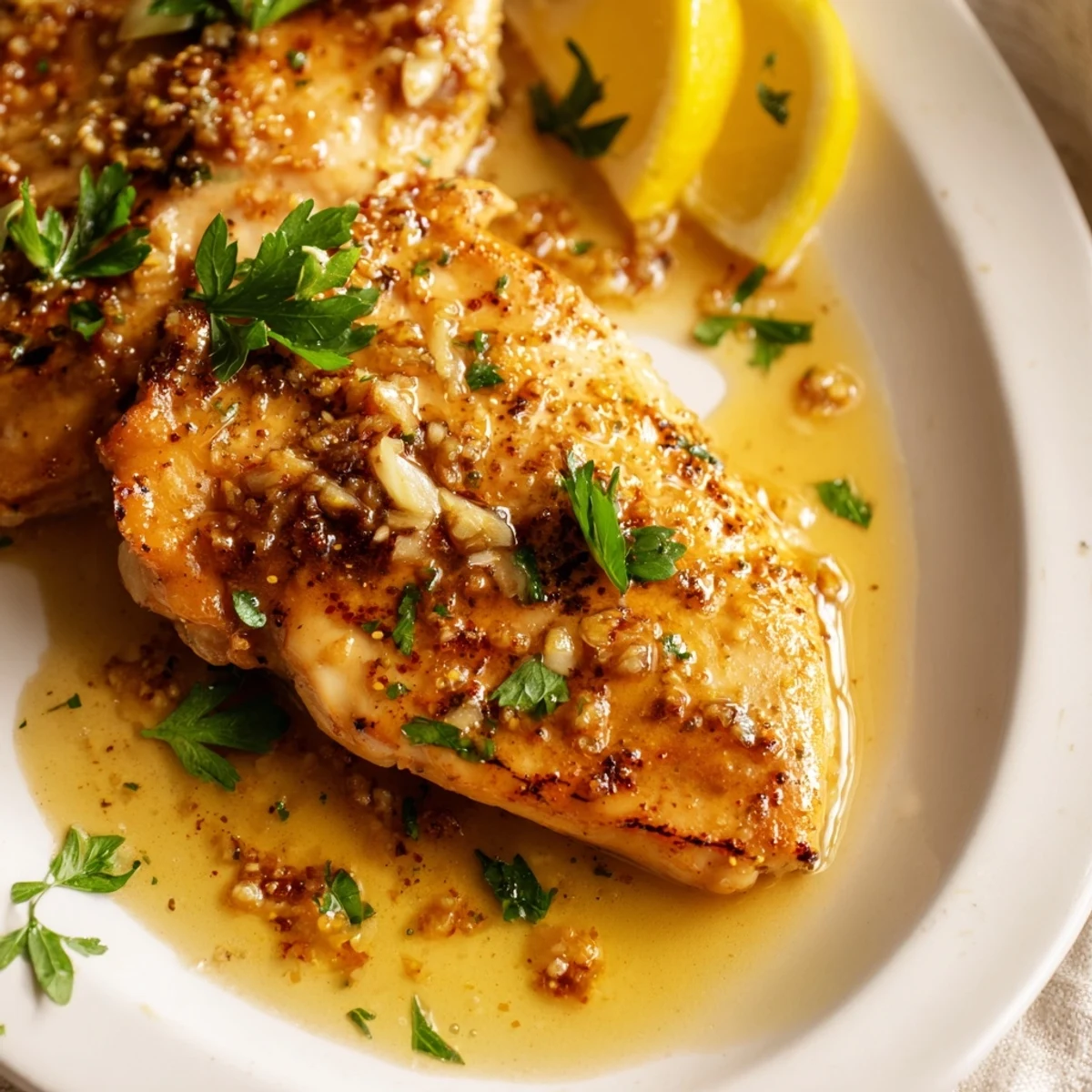 Juicy Garlic Butter Chicken simmering in a skillet with melted butter, minced garlic, and fresh parsley.