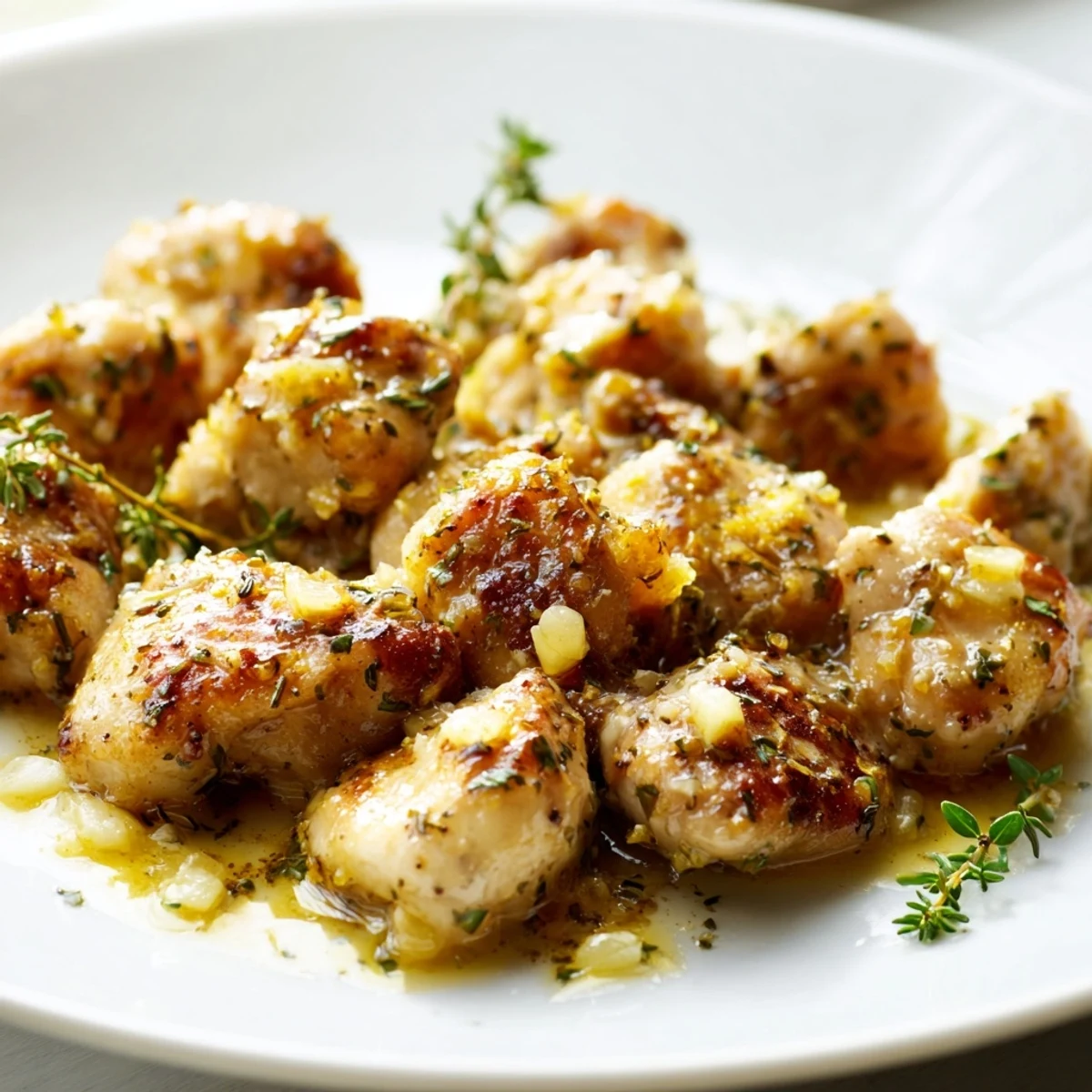 Garlic Butter Chicken breasts are golden seared and resting in a glossy garlic butter sauce with fresh thyme and parsley garnish.