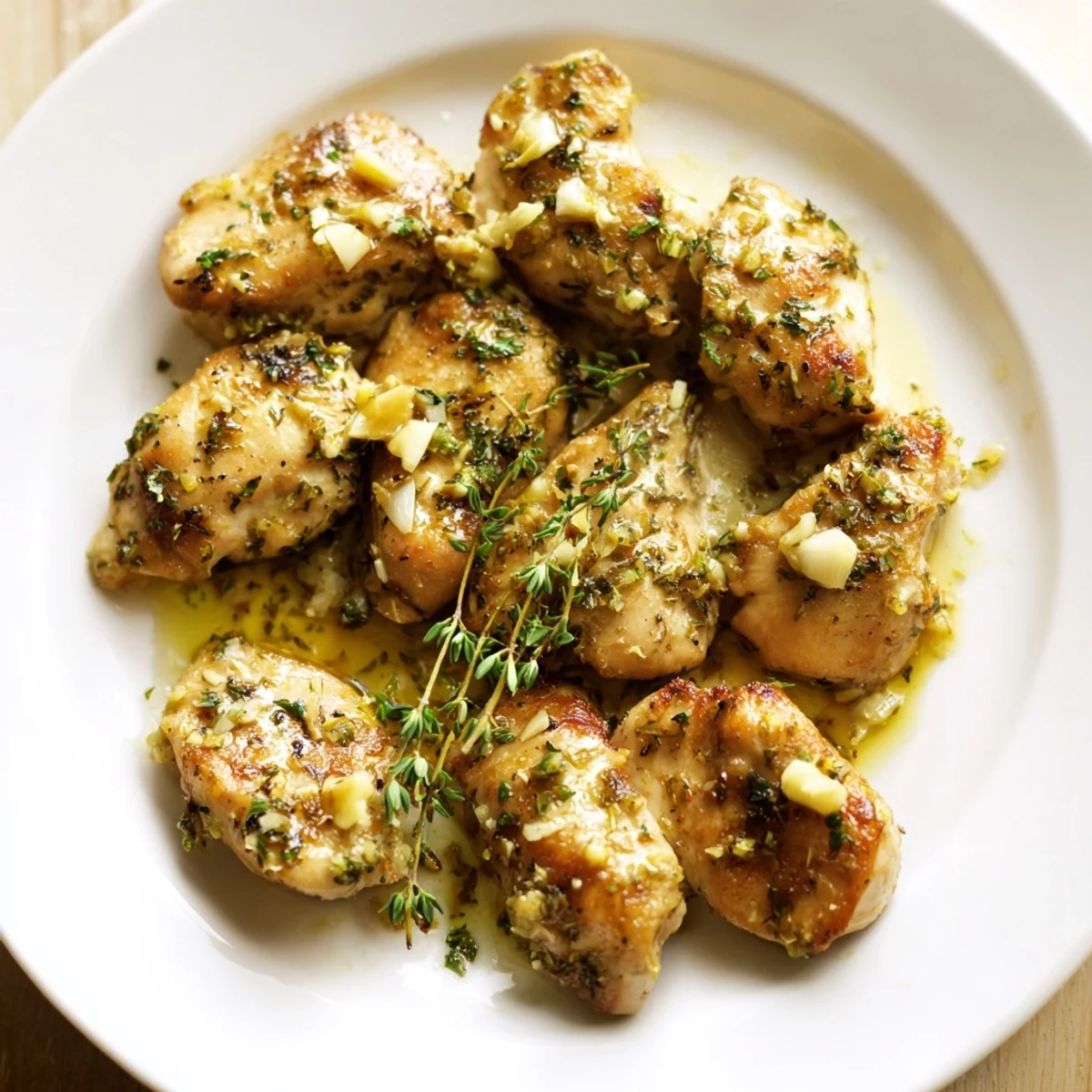 Sizzling Garlic Butter Chicken cooks in a skillet, steam rising as garlic and herbs create an appetizing aroma.