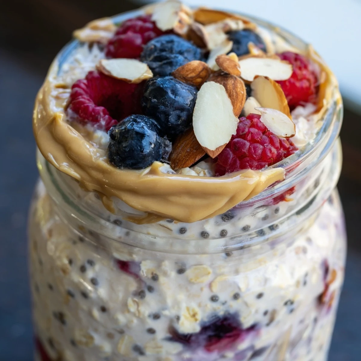 A glass jar of Berry Overnight Oats with Almond Butter beside fresh berries and a spoon, perfect for busy mornings.