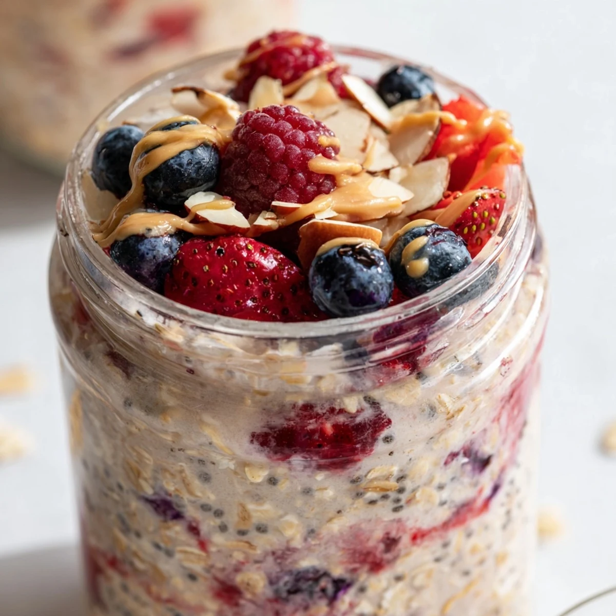 Berry Overnight Oats with Almond Butter topped with sliced almonds and extra berries, a creamy, no-cook chilled breakfast.