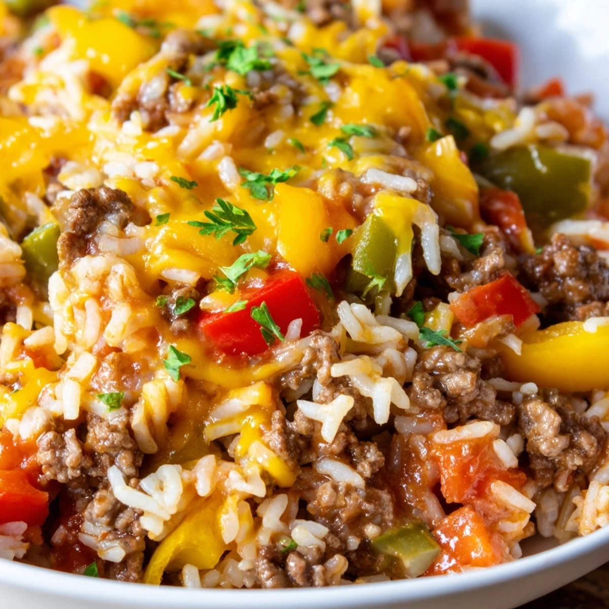 The finished Unstuffed Pepper Skillet shows colorful diced bell peppers, onions, and ground beef mixed with tender rice in a rich tomato sauce, topped with melted mozzarella cheese.