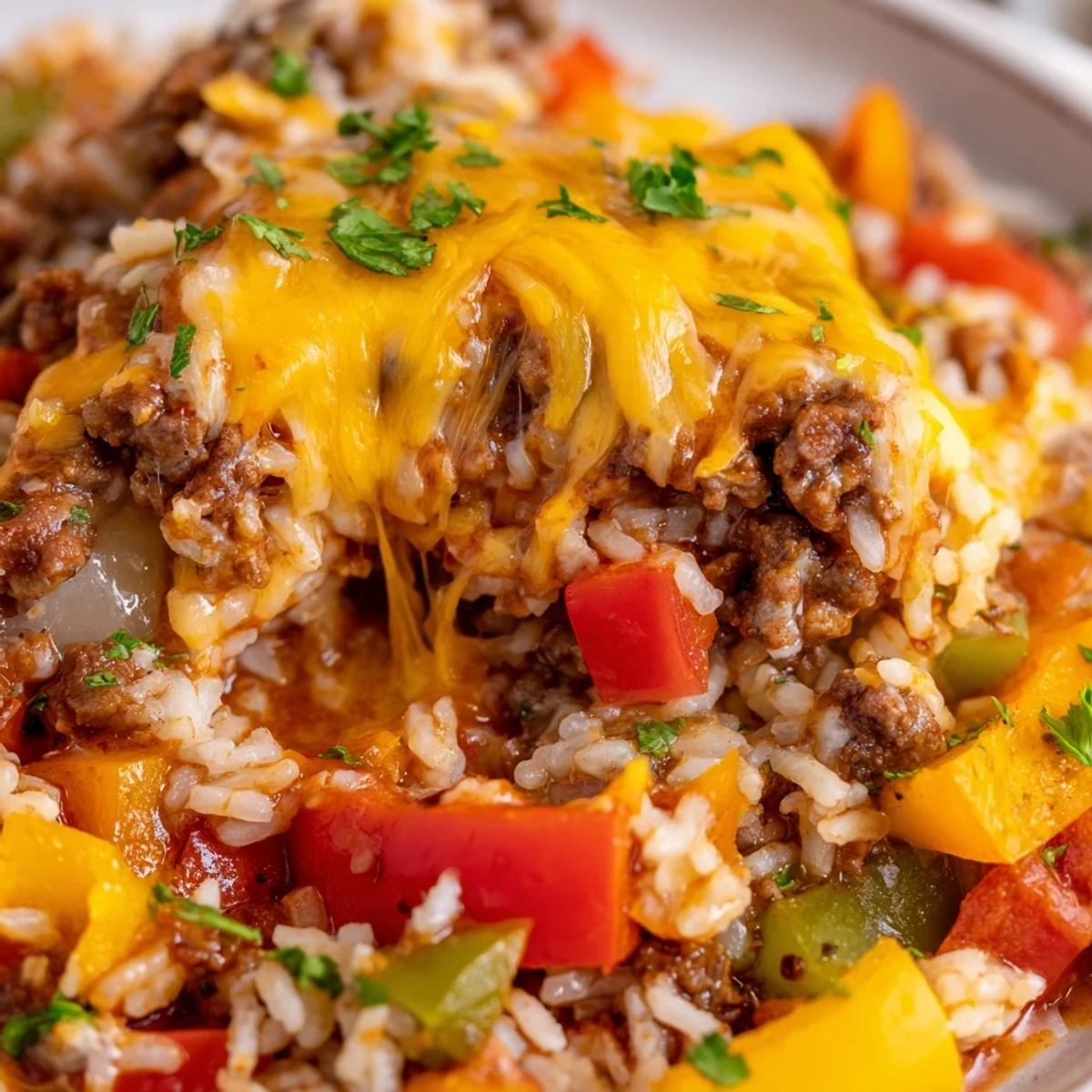 A close-up view of the hearty Unstuffed Pepper Skillet, featuring sautéed ground beef, diced tomatoes, and fluffy white rice, garnished with fresh parsley in a rustic cast-iron skillet.