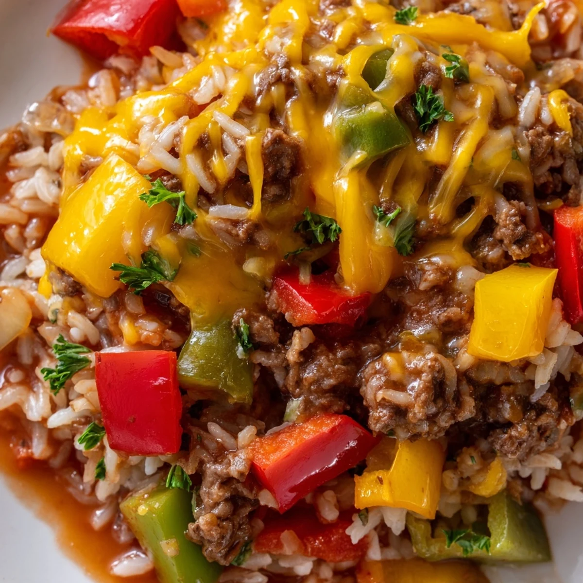 An overhead shot of the delicious Unstuffed Pepper Skillet, highlighting the bubbling melted cheese, vibrant red and green peppers, and savory beef and rice mixture.