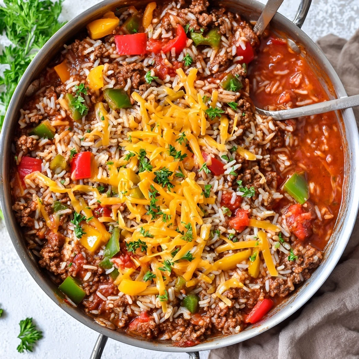 Sizzling Unstuffed Pepper Skillet in a pan, topped with melted cheddar cheese and fresh parsley garnish.