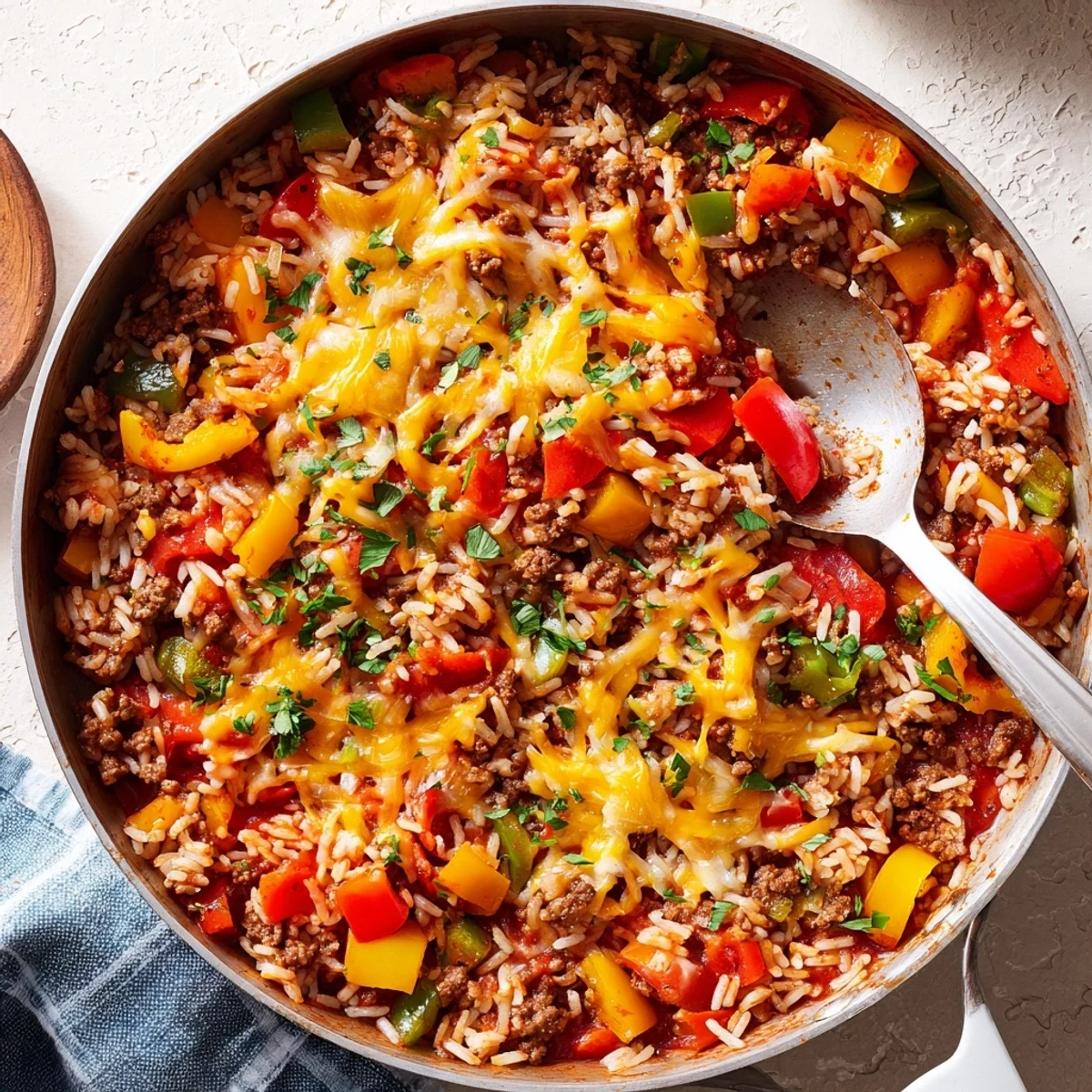 Overhead view of Unstuffed Pepper Skillet with ground beef, peppers, and rice in a rich tomato sauce.