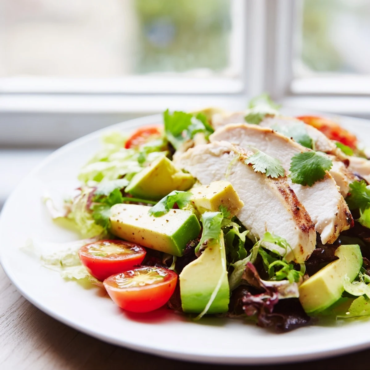 Sliced tender chicken tossed with ripe avocado and lime dressing in this colorful Avocado Chicken Salad, ready to serve.