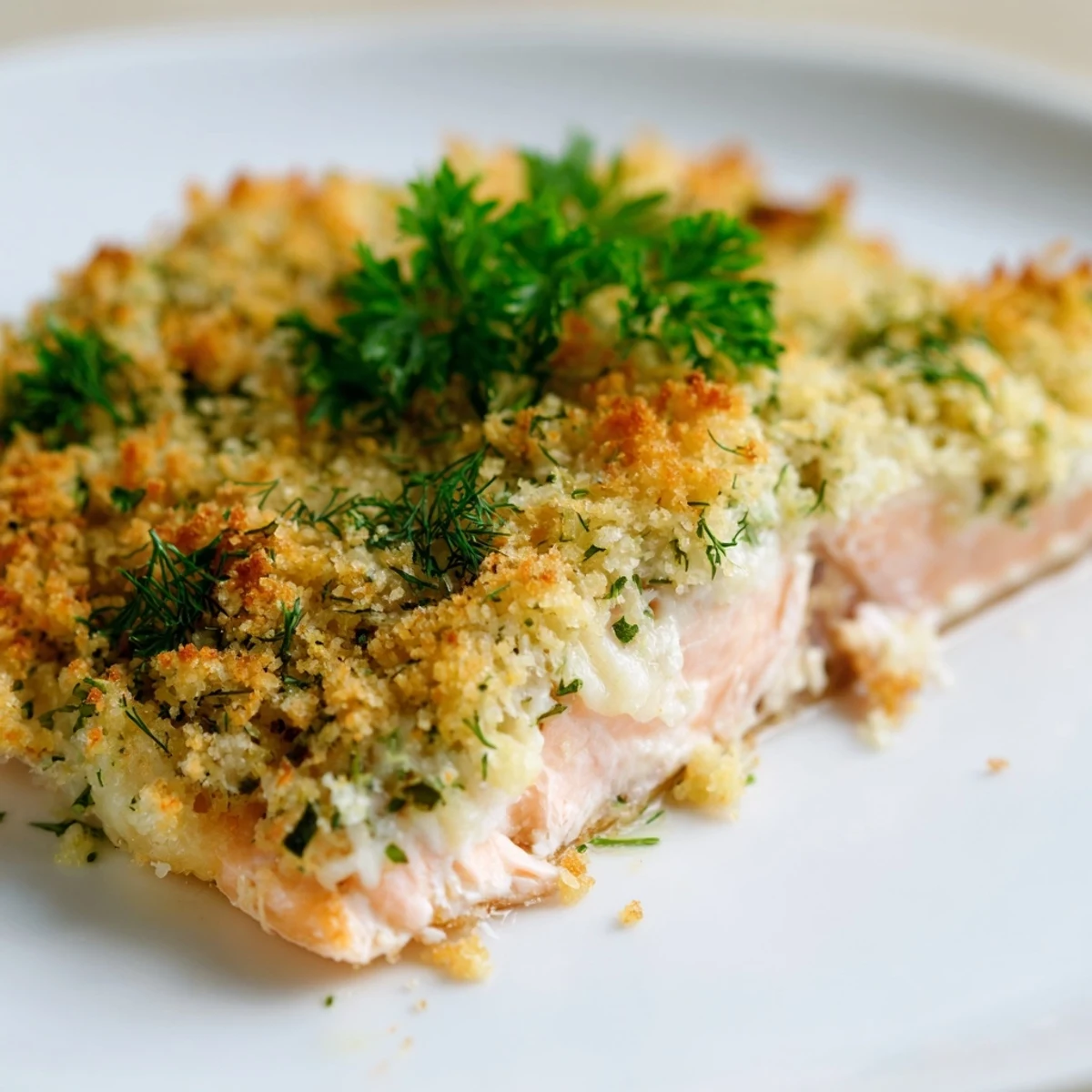 Golden-baked Irresistibly Crispy Parmesan Salmon Bake topped with crunchy panko and served with lemon.