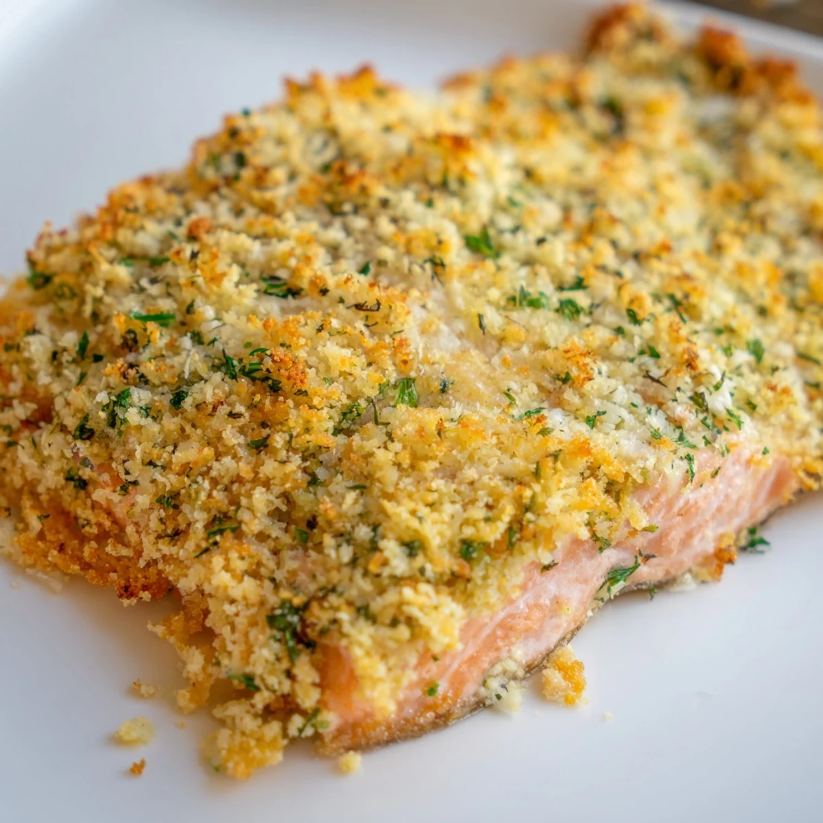 Flaky Irresistibly Crispy Parmesan Salmon Bake with buttery herb crust, ideal for an easy American dinner.
