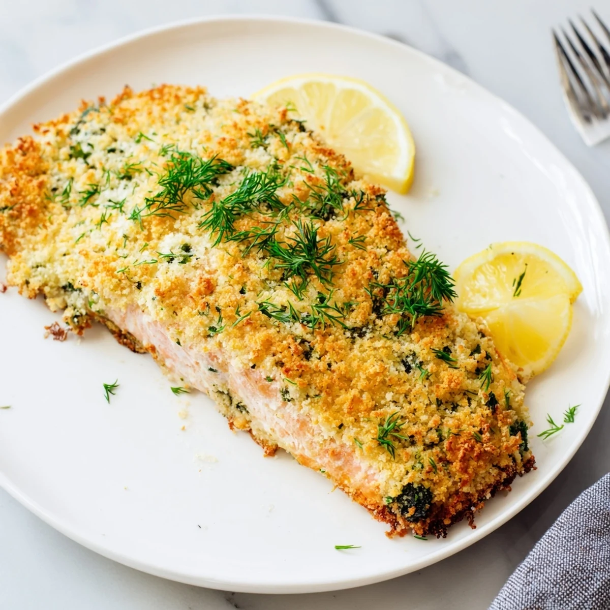 Easy Irresistibly Crispy Parmesan Salmon Bake with a crunchy crust, paired with fresh salad for a healthy meal.