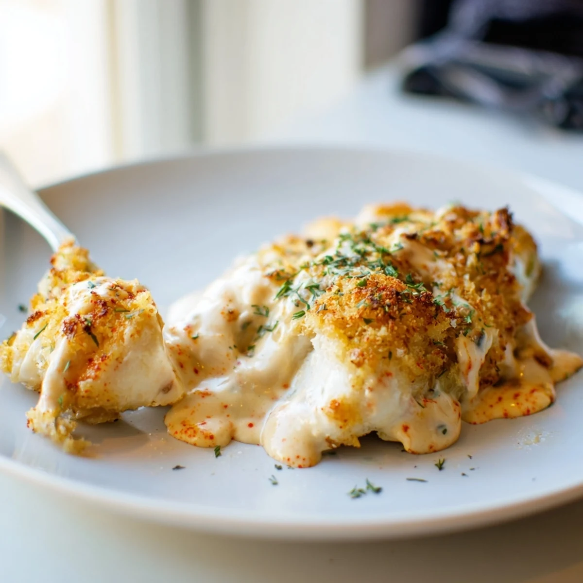 Golden-baked Melt In Your Mouth Chicken breasts coated in creamy Parmesan sauce on a white plate.