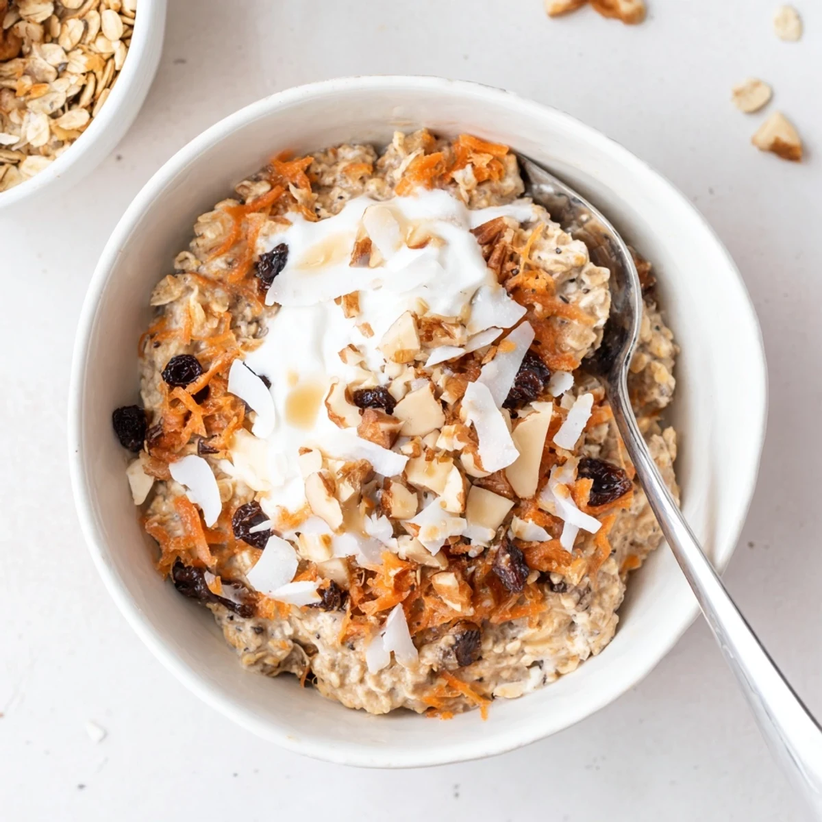 A chilled breakfast jar of Carrot Cake Overnight Oats topped with raisins, cinnamon, and a dollop of Greek yogurt.