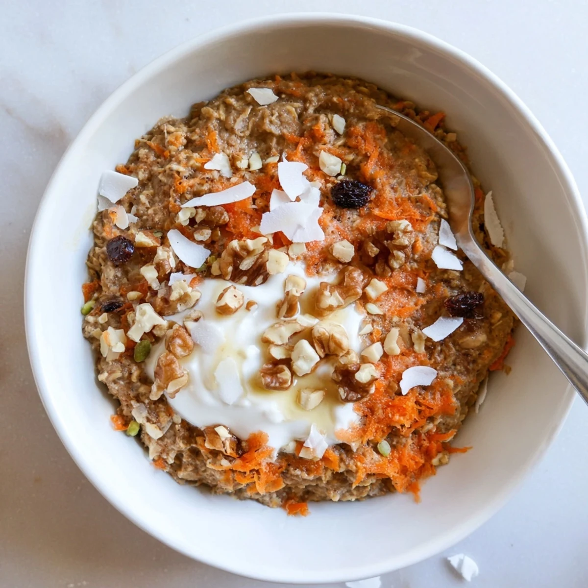 Healthy Carrot Cake Overnight Oats served in a clear glass with shredded carrots and a sprinkle of nutty pecans.