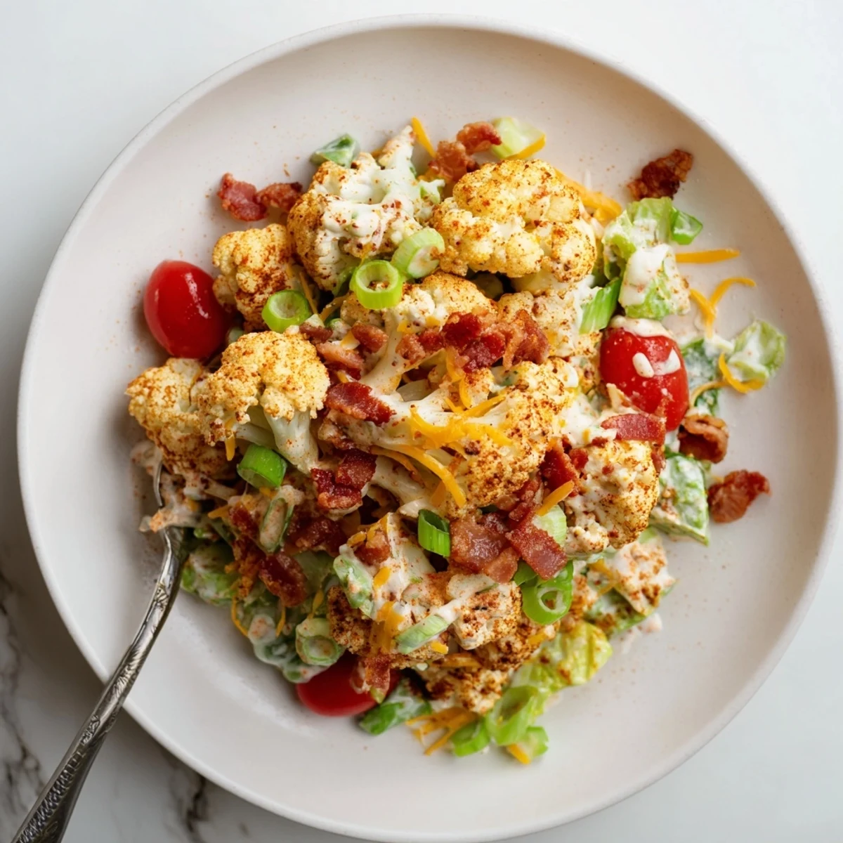 Roasted cauliflower florets, crispy bacon, and cherry tomatoes tossed in creamy dressing for BLT Cauliflower Salad.