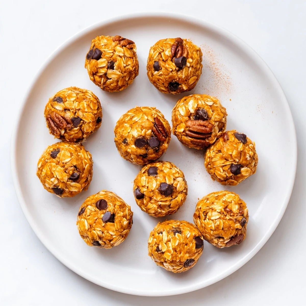 No Bake High Protein Pumpkin Bites arranged on a white plate with cinnamon sticks and maple drizzle.