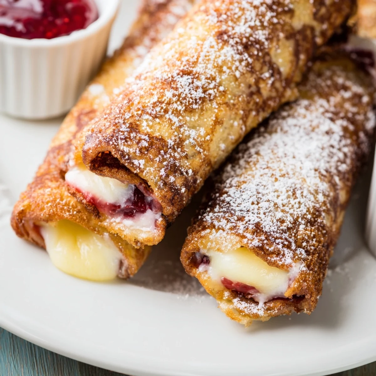 Golden-brown Monte Cristo Roll Ups dusted with powdered sugar, served with a small bowl of raspberry jam for dipping on a rustic wooden table.