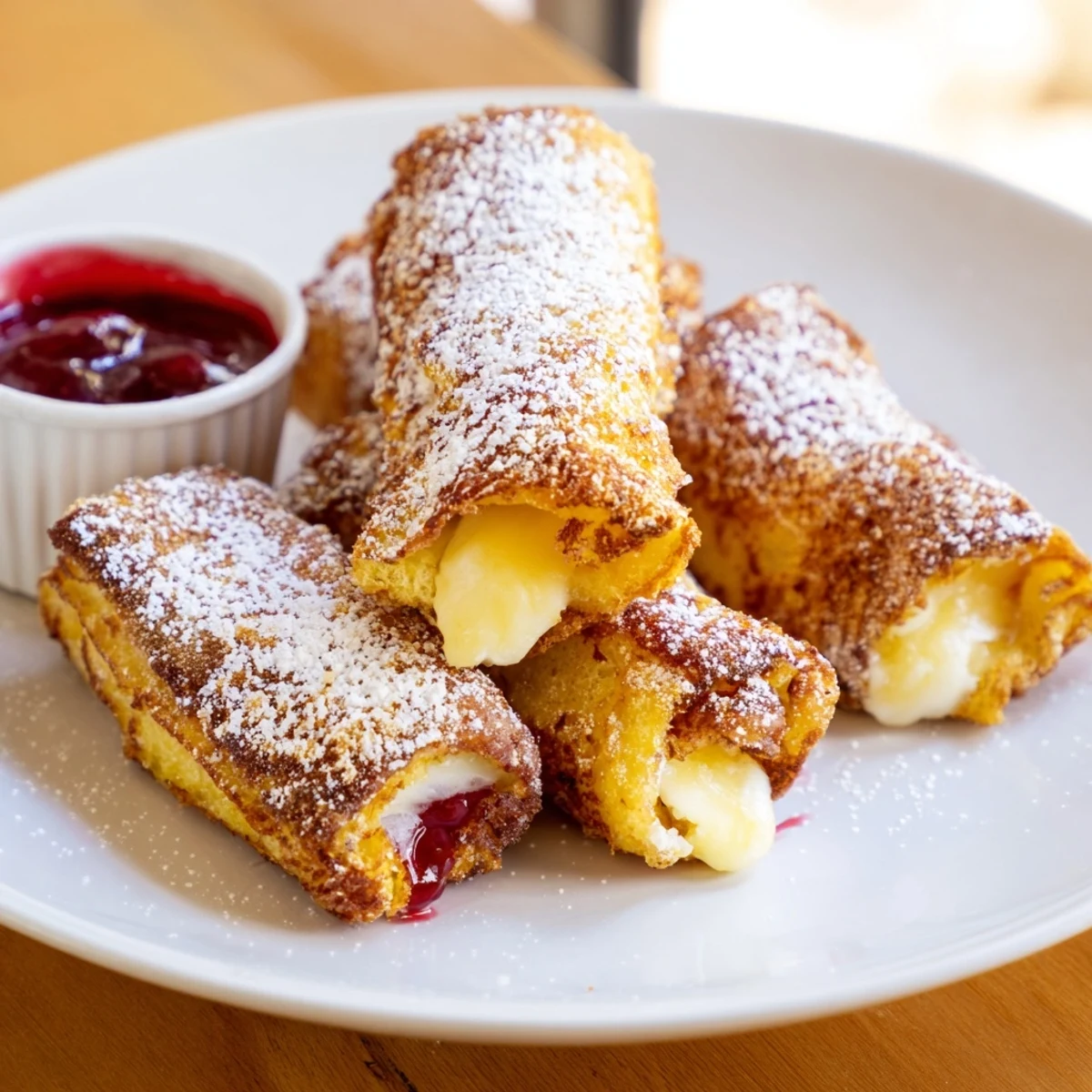 A close-up of Monte Cristo Roll Ups with fluffy bread, savory ham and turkey, and melted Swiss, ready to be dipped in sweet raspberry jam.