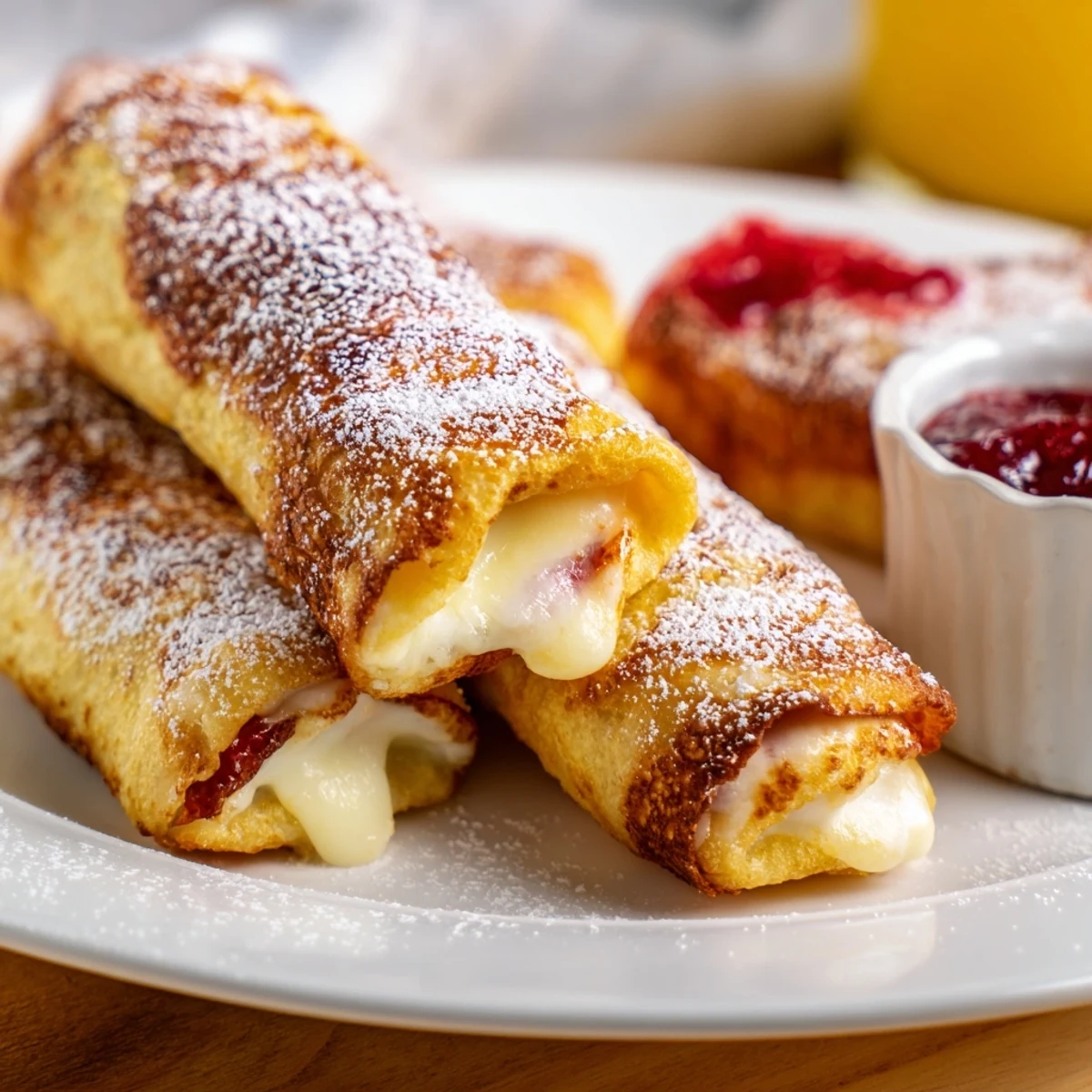 Monte Cristo Roll Ups featuring ham, turkey, and melted Swiss cheese, pan-fried until crispy and presented on a white ceramic plate for brunch.