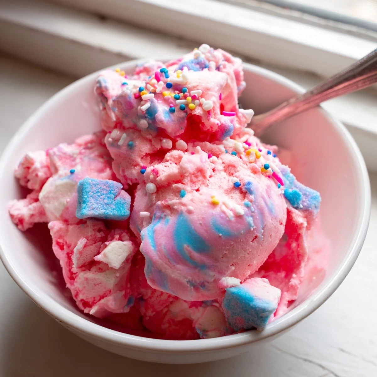Creamy No Churn Bubblegum Ice Cream served in a bowl with colorful sprinkles.